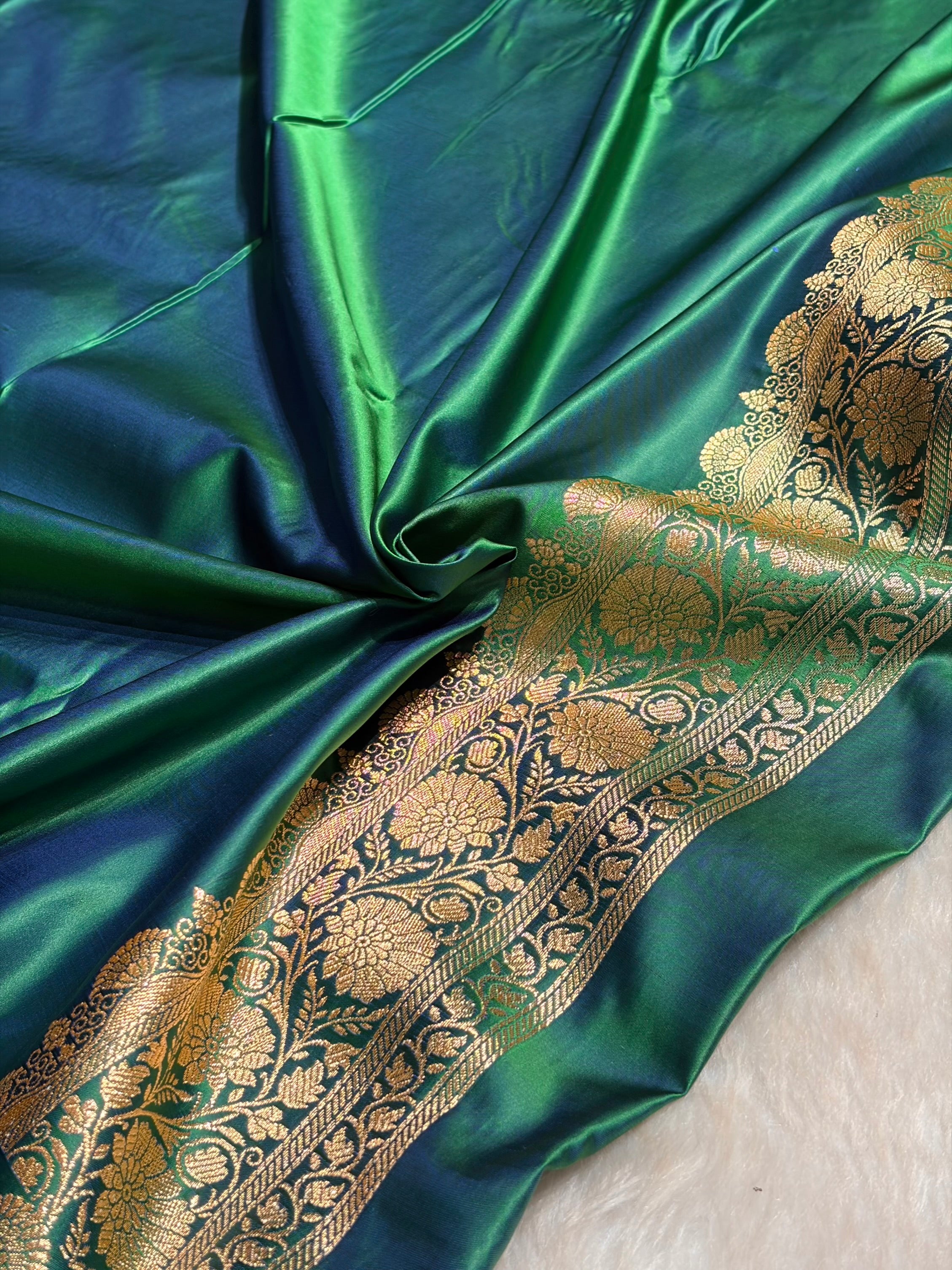 Green Cross Floral Boota Pattern Satin Katan Silk saree SK45