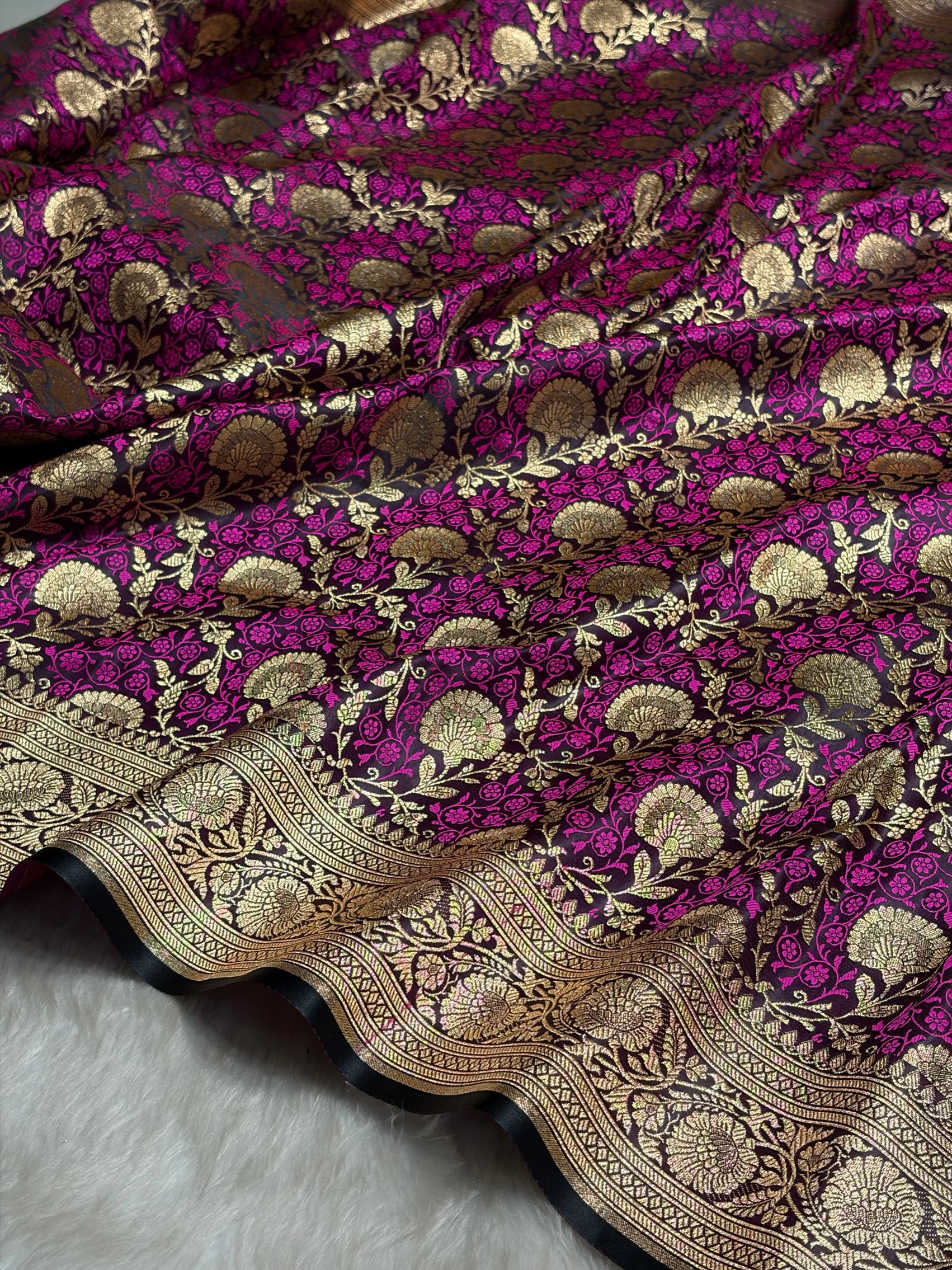 Wine With Pink Tanchoi Satin Katan Silk Saree SKTM-05