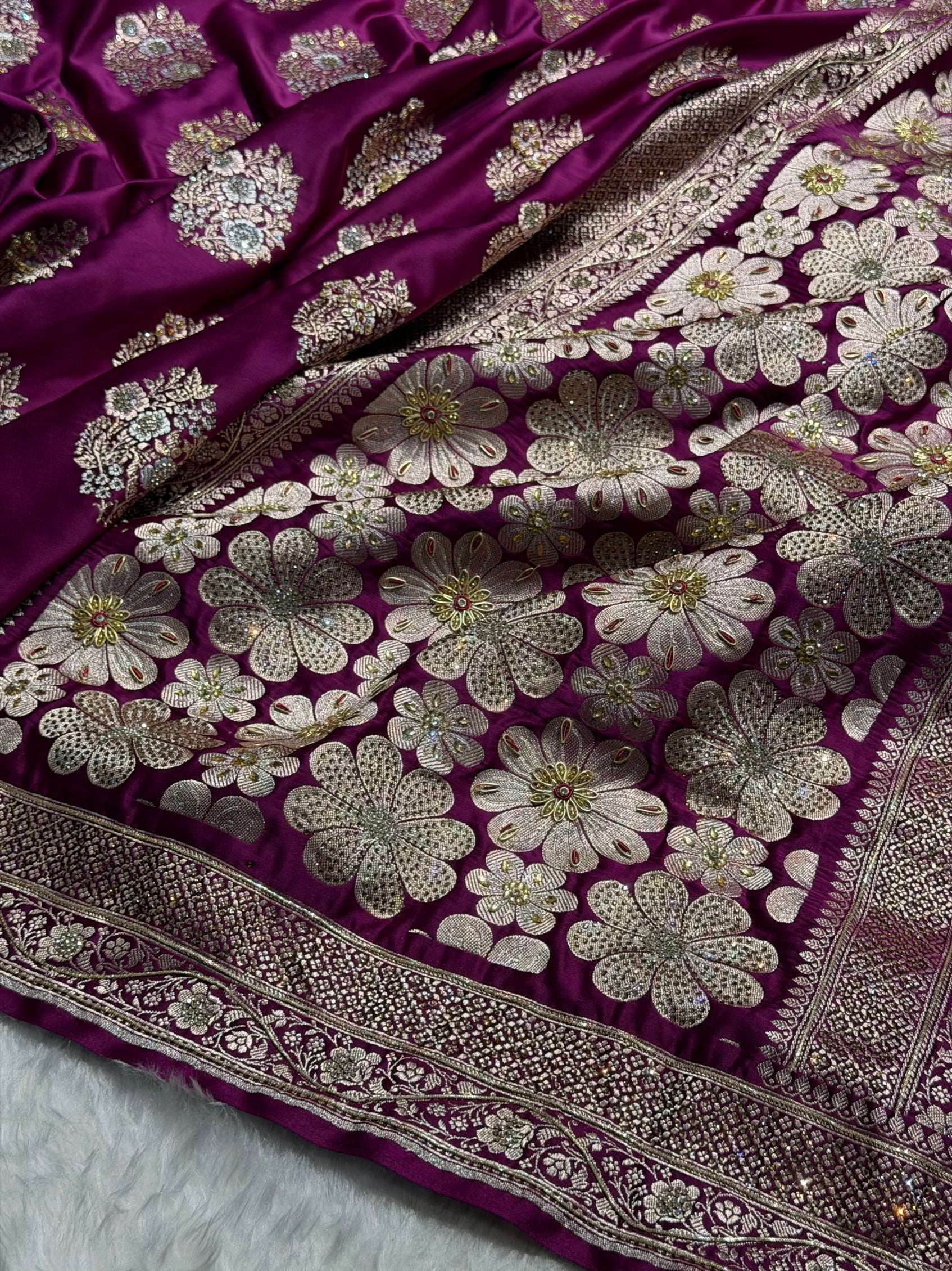 Premium Birdal Banarasi Satin Katan Saree With Swarovski Ari & Zardozi Work Minakari Boota in Wine Shades BSK93