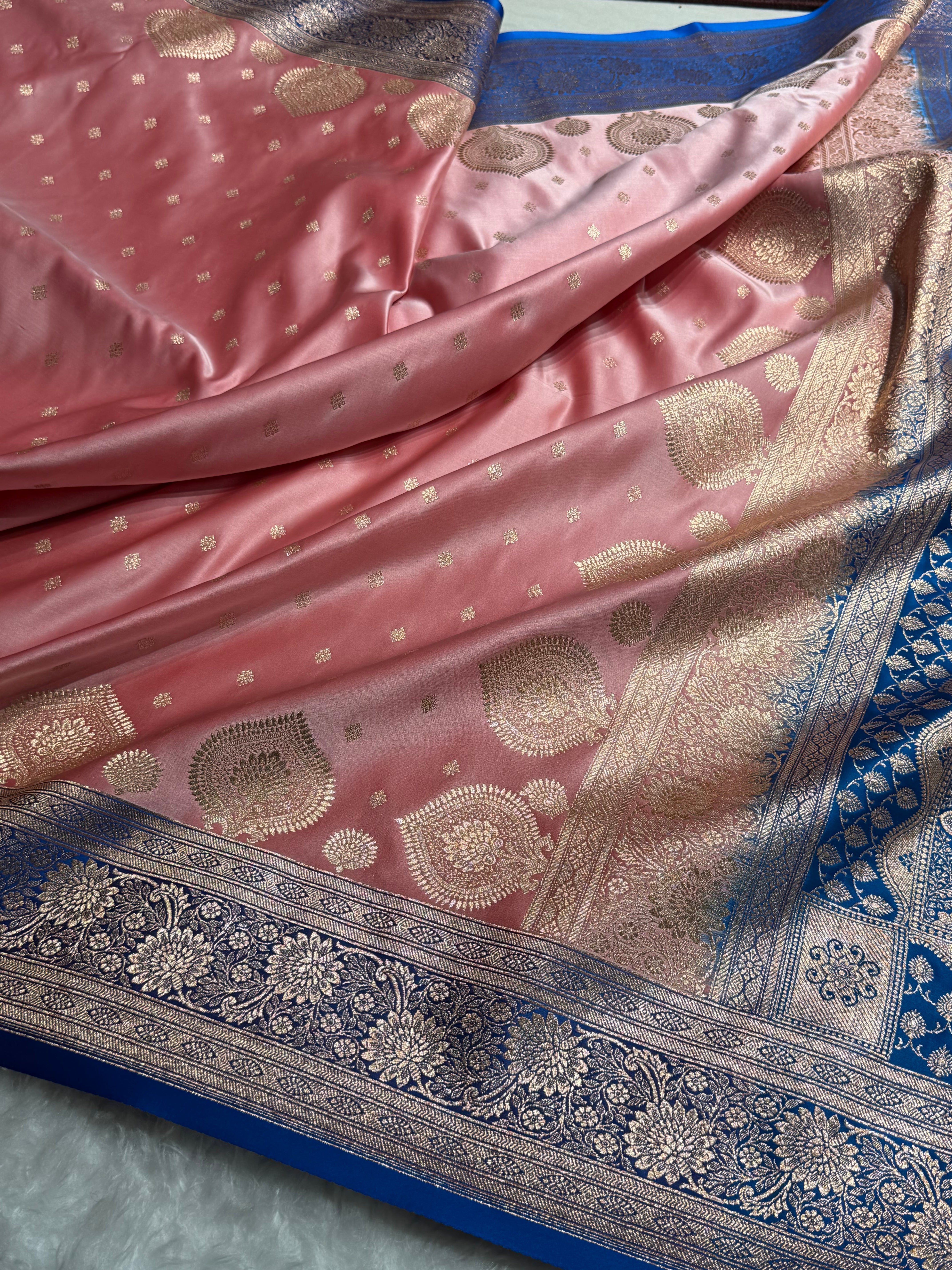 Baby Pink with Blue Booti Satin Katan Silk saree SK29