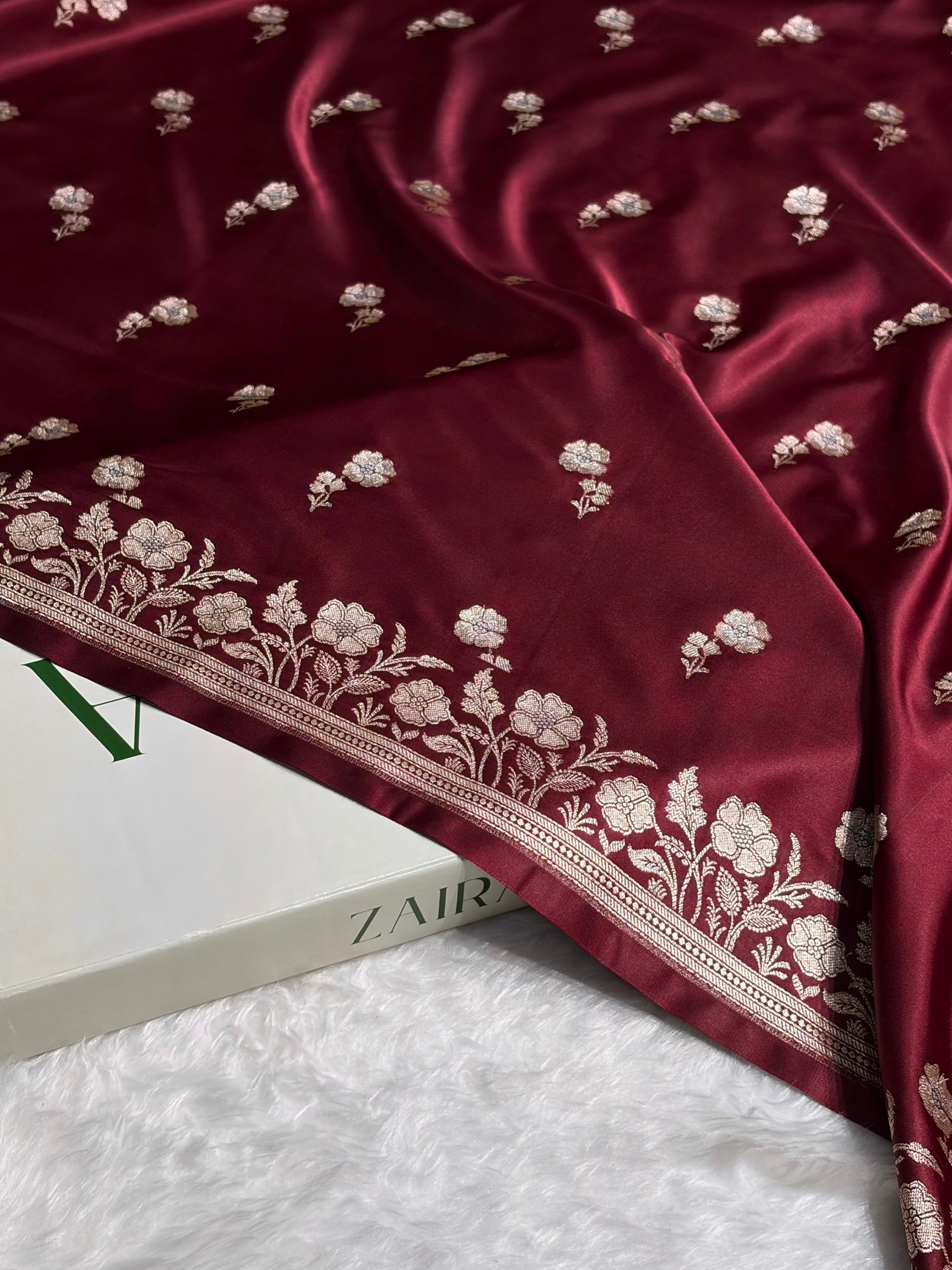 Garnet Boota With Floral Border Mashru Silk Saree MSM-87