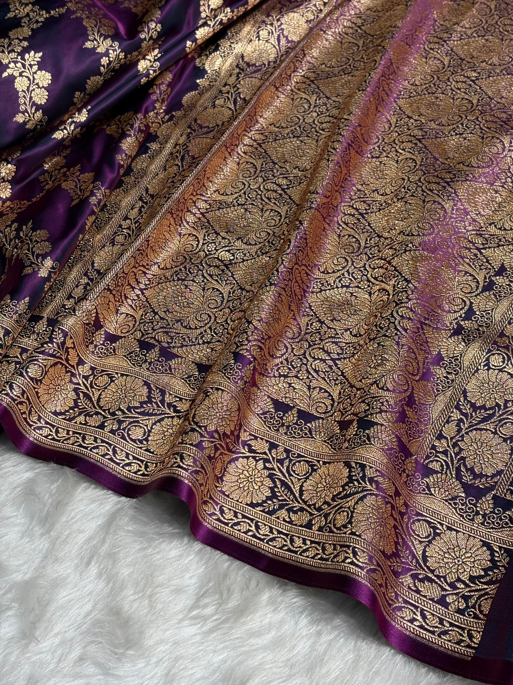Purple Floral Jaal Pattern Satin Katan Silk Saree SK43