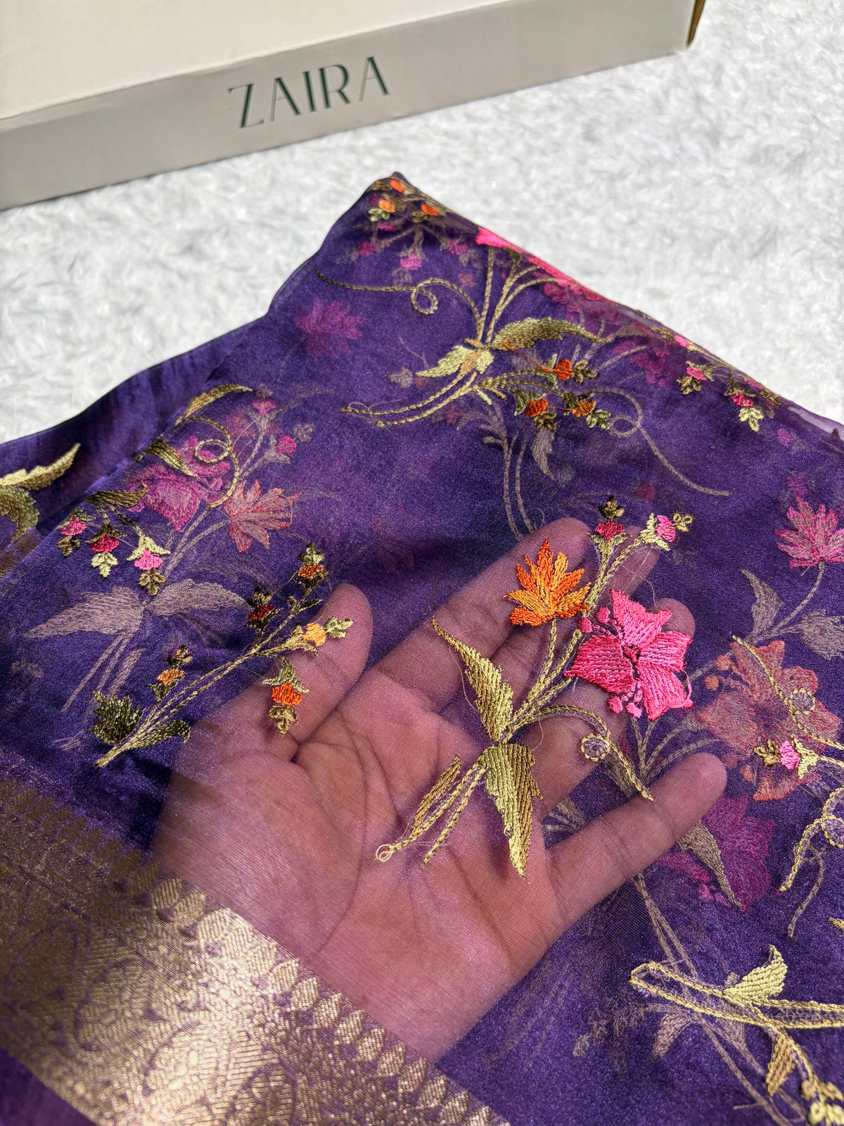Purple Shades With Floral Embroidered Pure Tissue Silk Saree with Brocade Blouse PTE-09