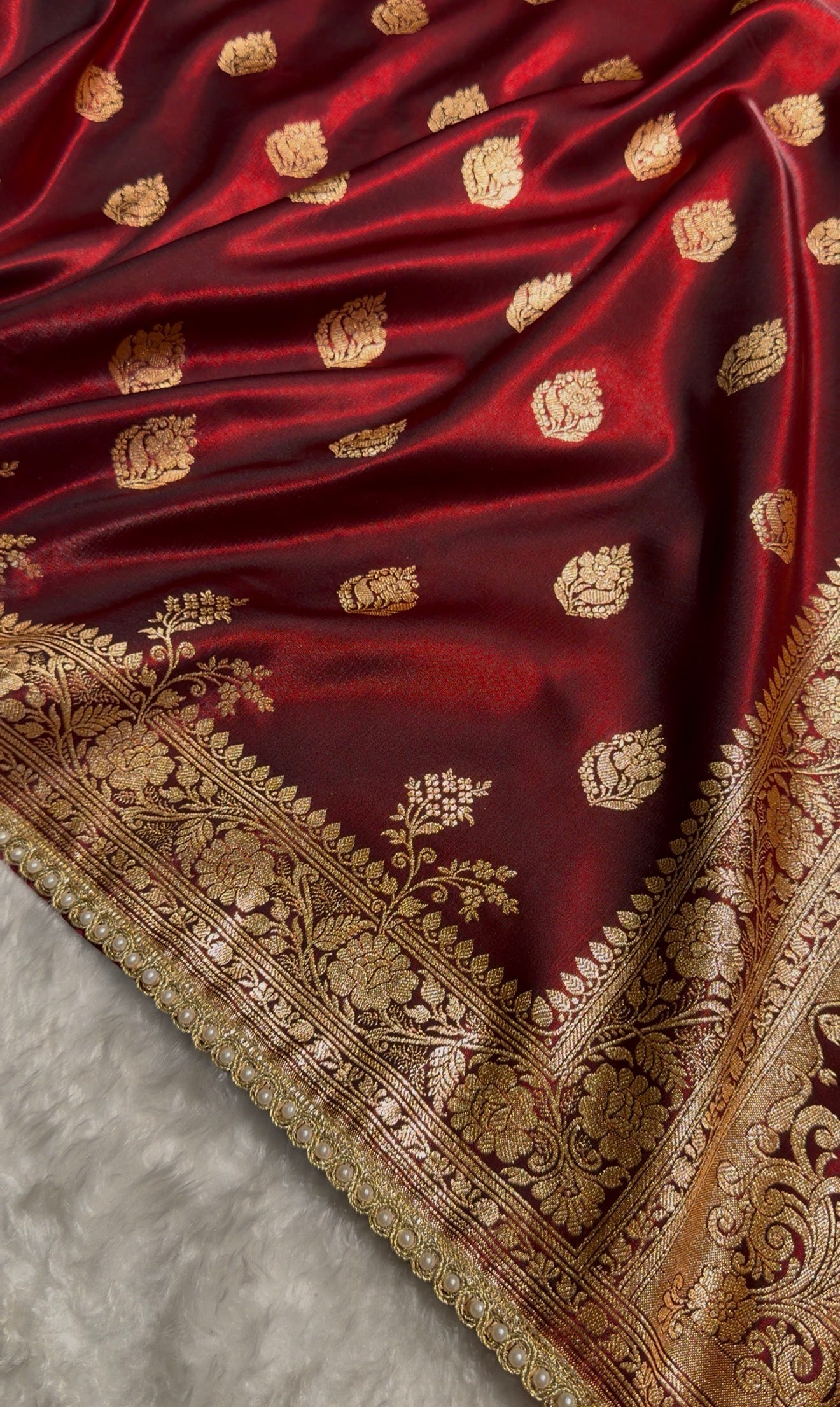 Maroon Banarasi Satin Silk Saree With Gotta Patti Booti Motif SSGP20