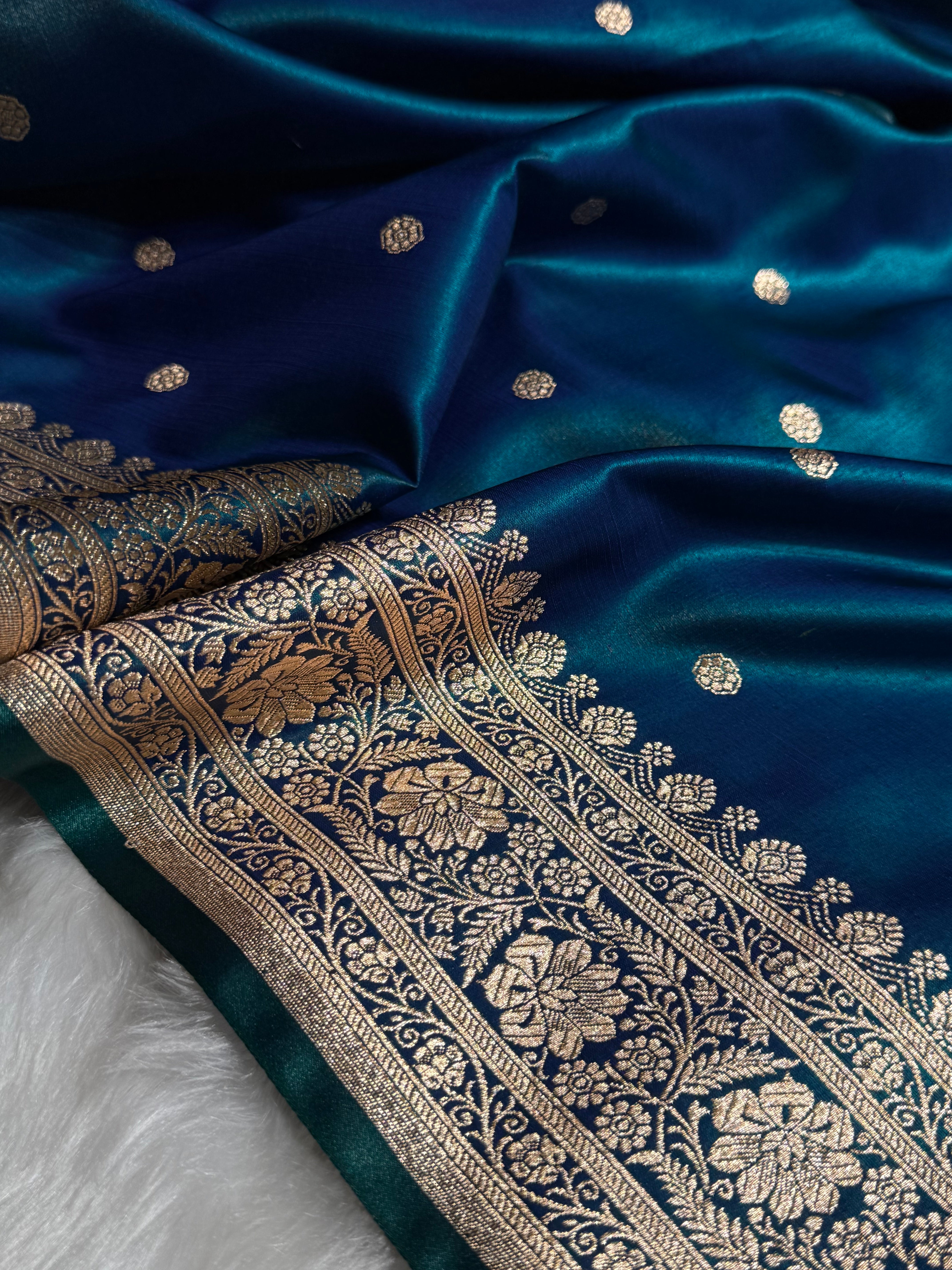 Satin Silk Saree Banarasi Booti in Peacock Shades SS29
