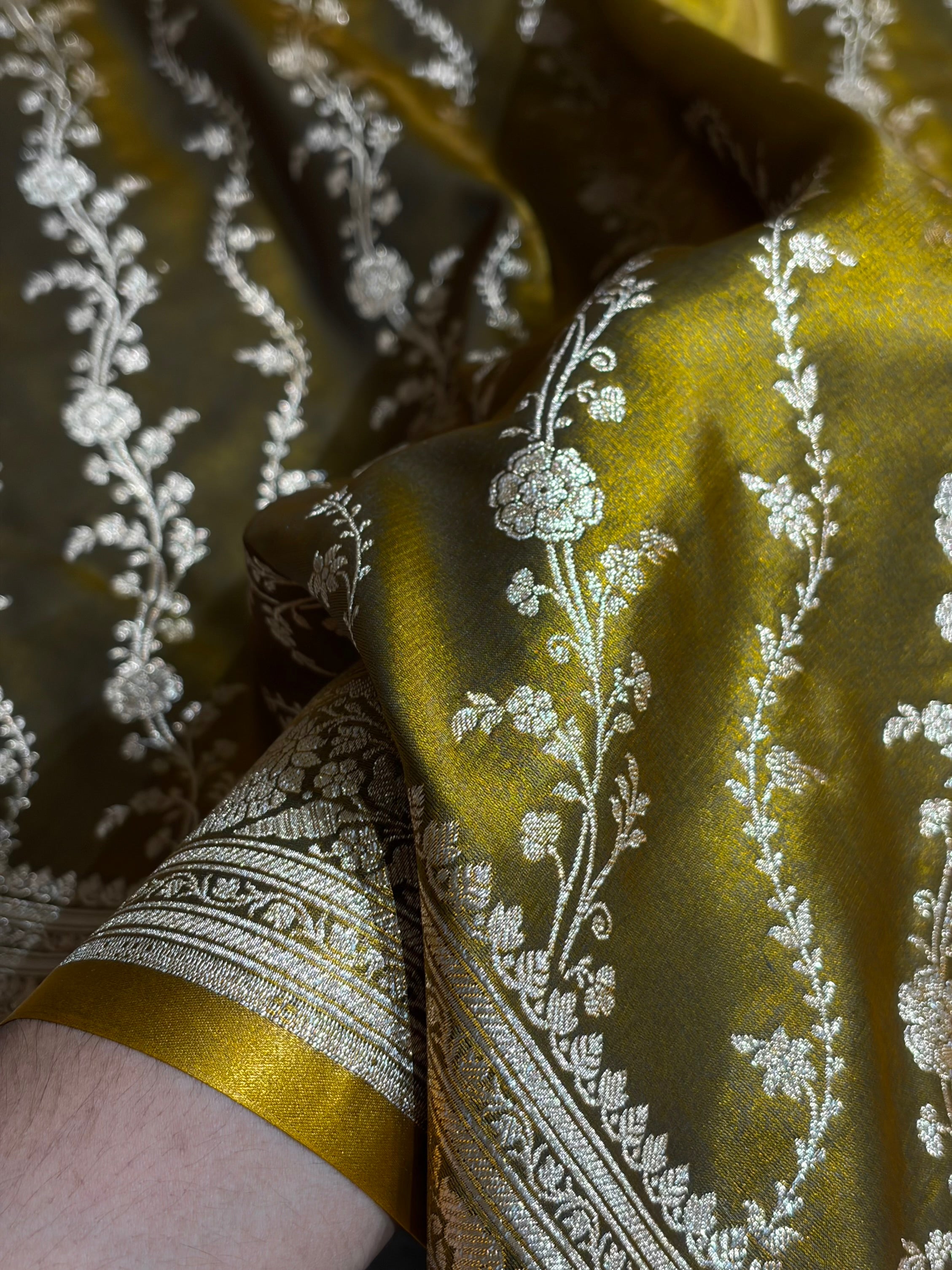 Satin Silk Cross Pattern in Mahndi Shades SS37