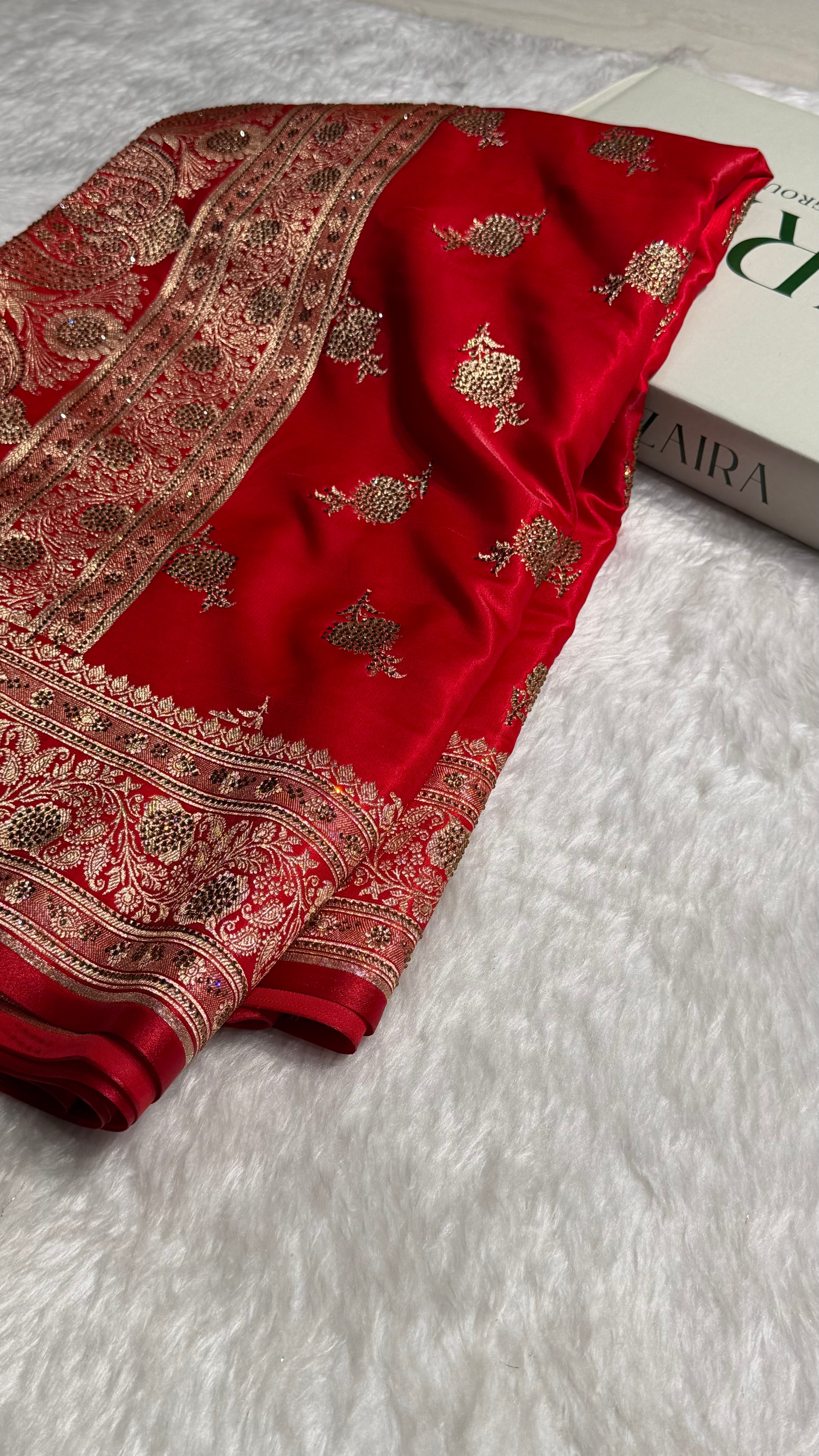 Satin Silk Saree Swarovski Work Floral Boota in Red Shades BSS26