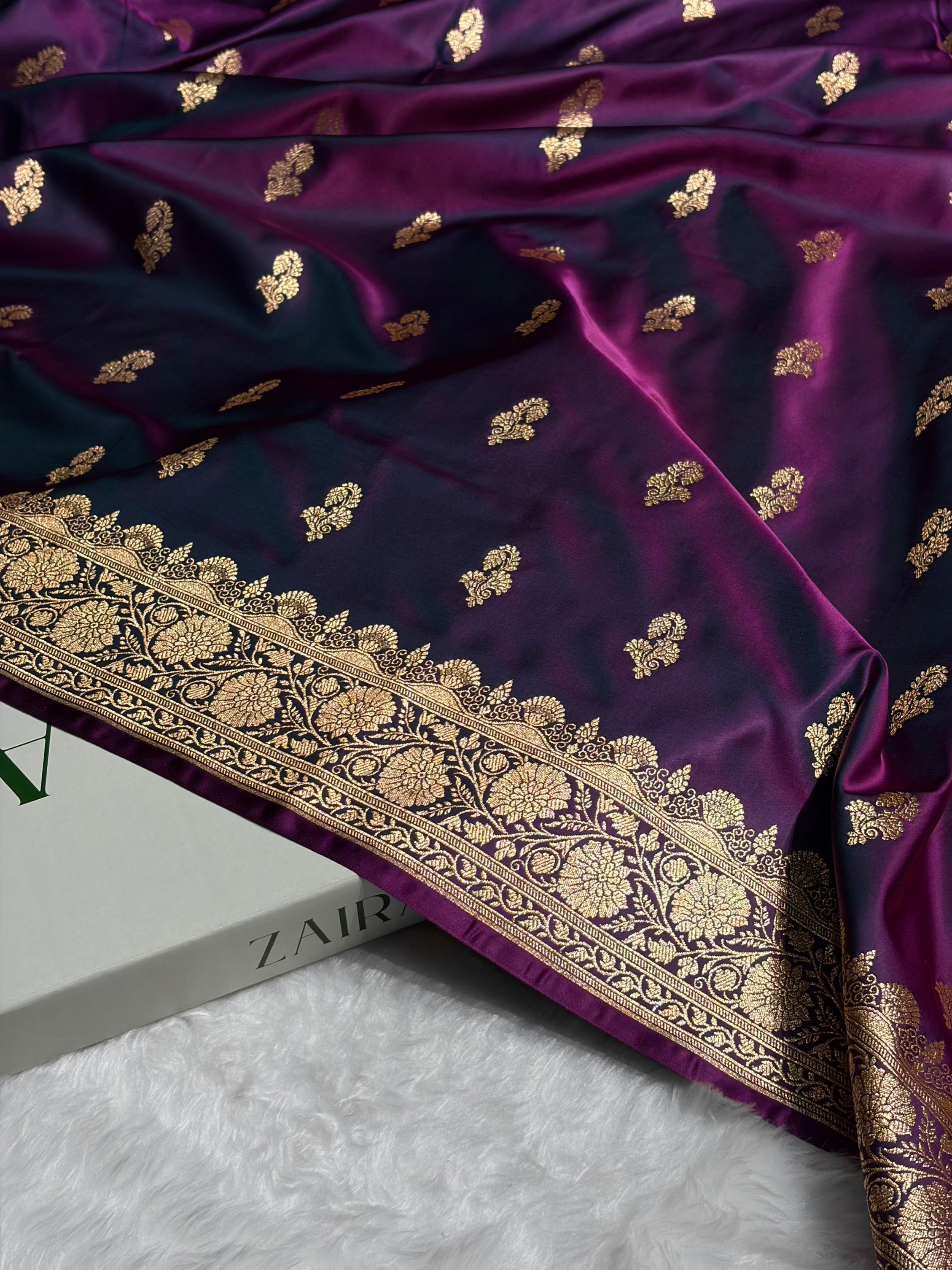 Wine Shades Floral Booti Motif Satin Katan Silk saree SK61