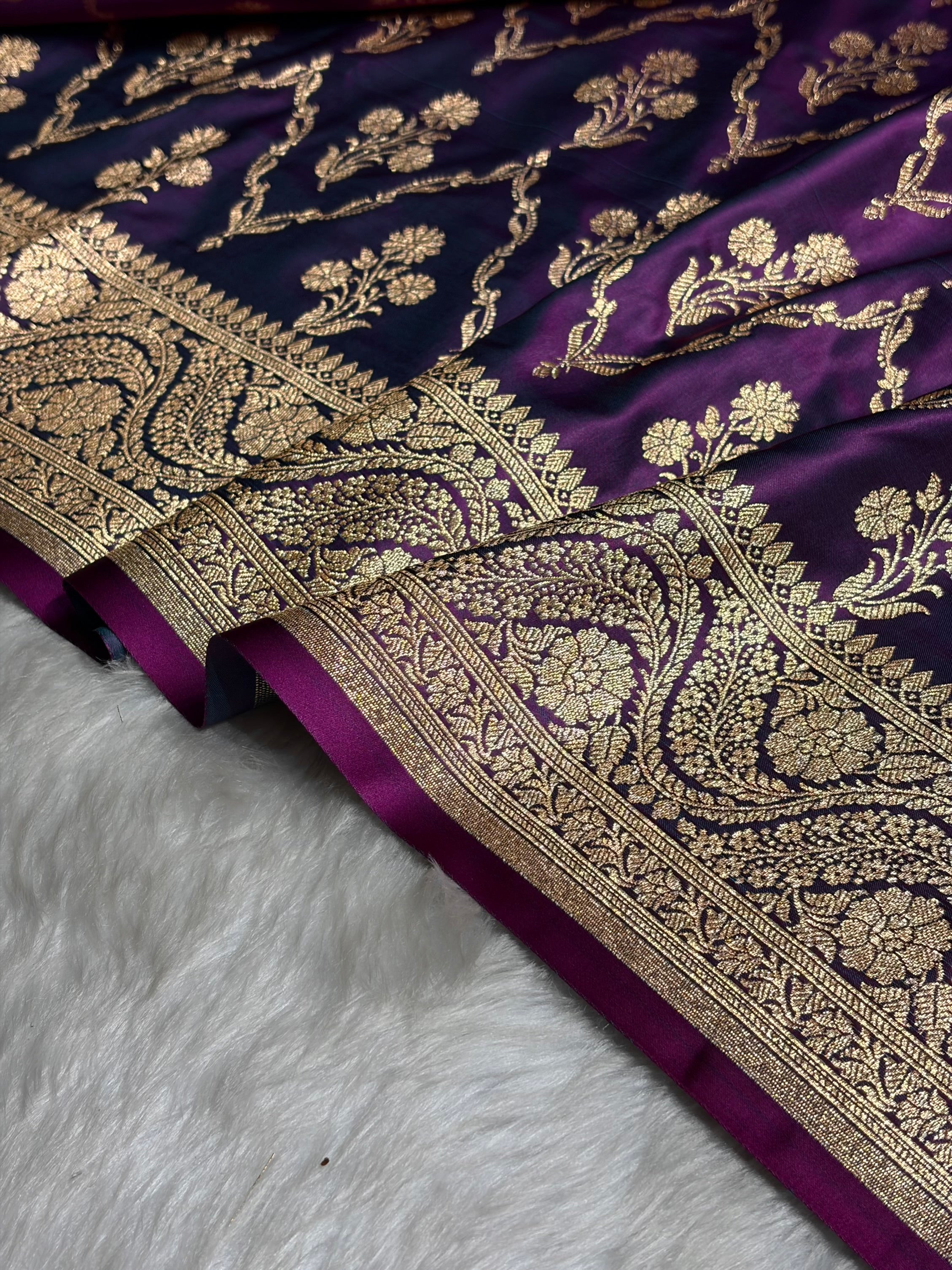 Wine Cross with Boota Pattern Satin Katan Silk Saree SK67