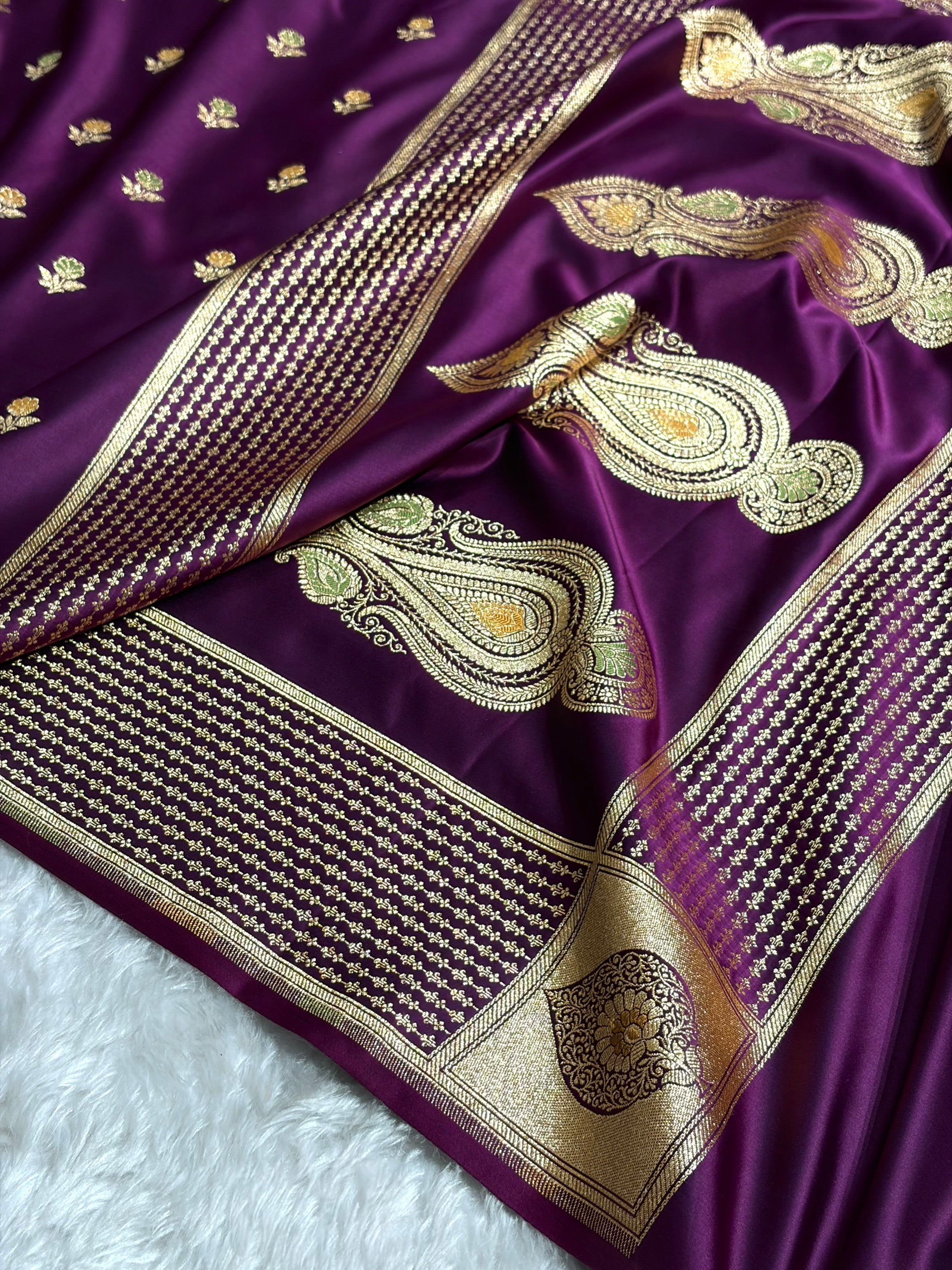 Wine Shades Minakari Boota Pattern Satin Katan Silk Saree SK18