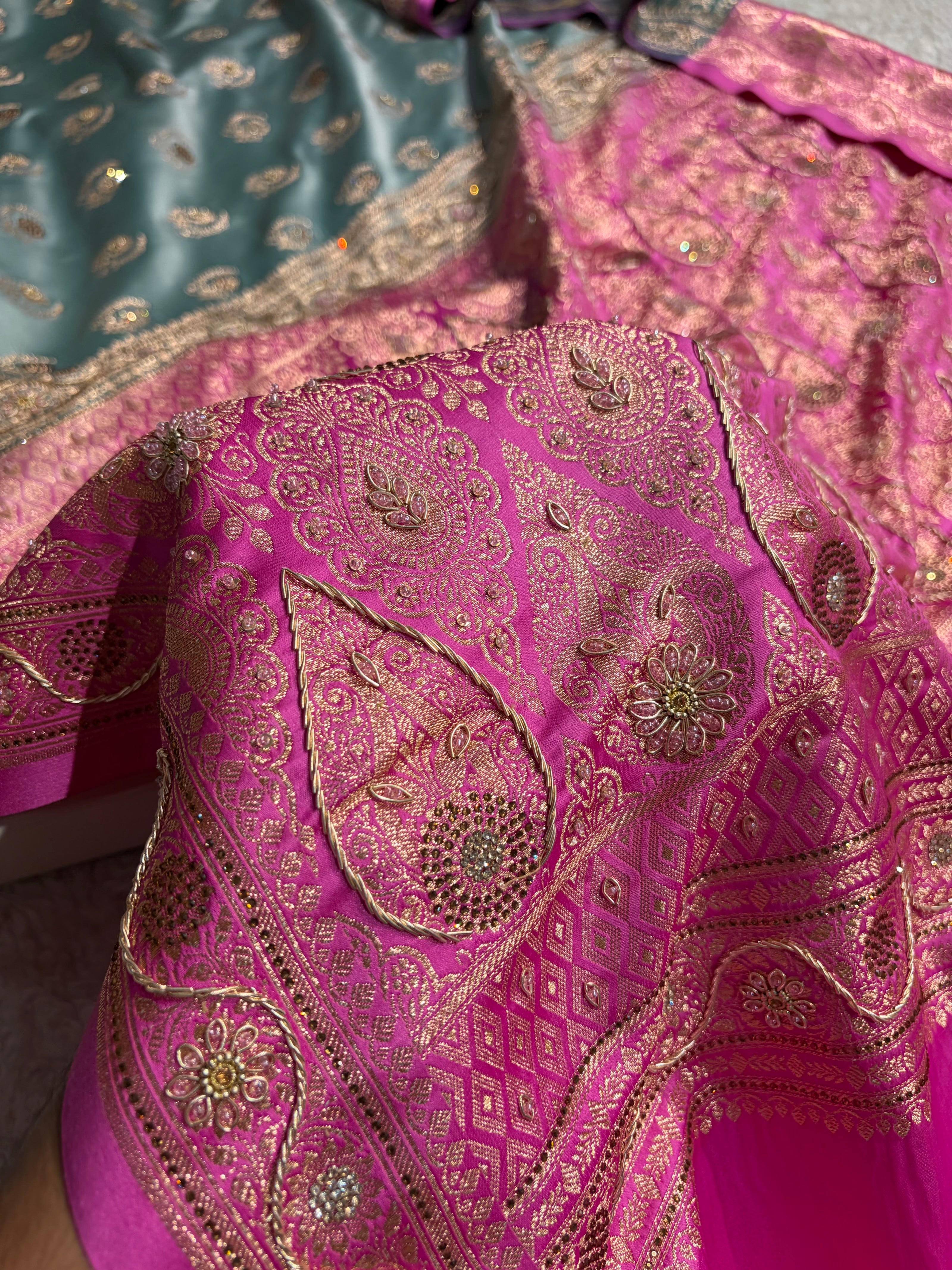 Turquoise with Lavender Floral Boota With Swarovski & Zardozi Work Satin Katan Silk saree BSK27