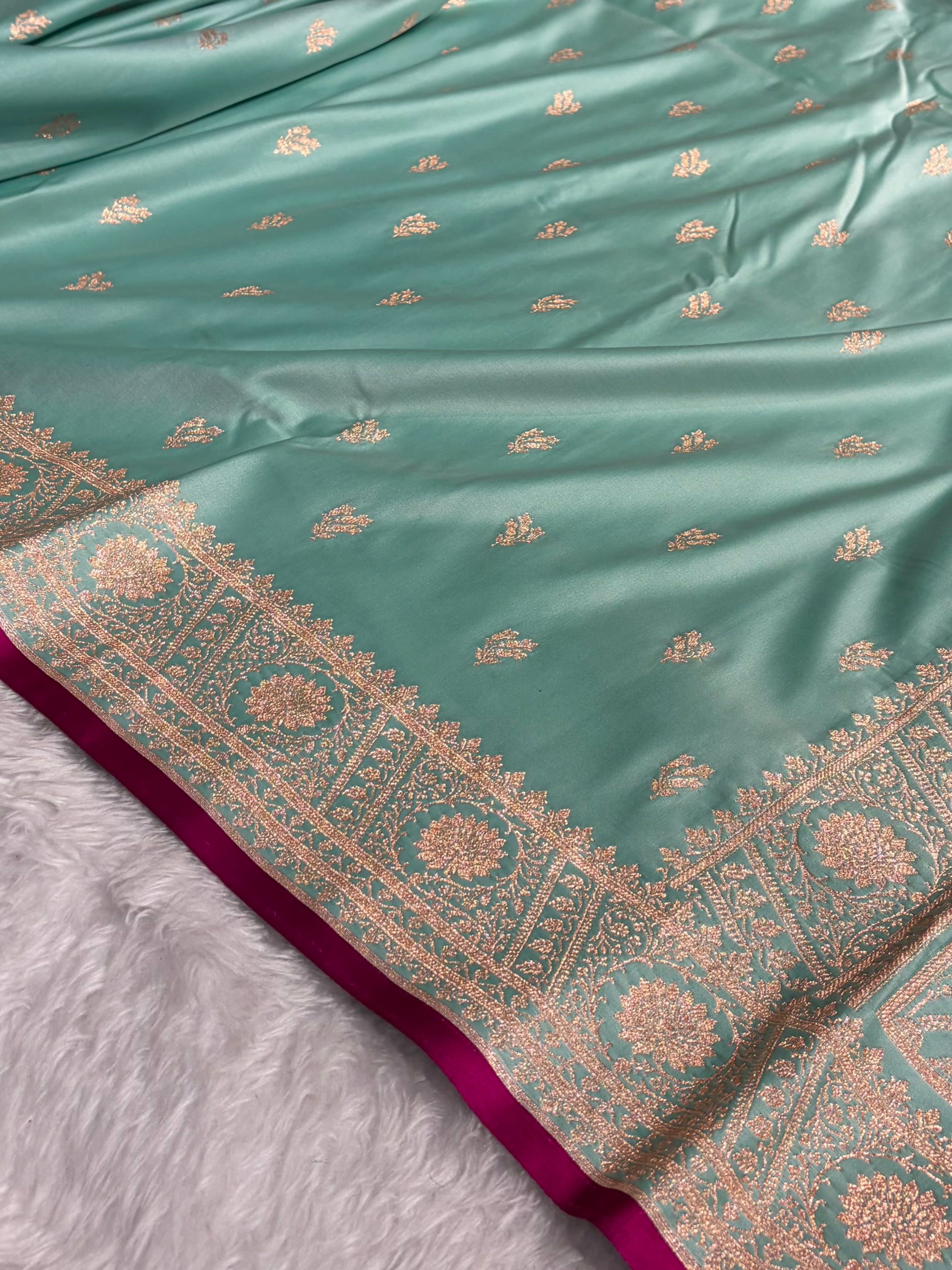 Banarasi Satin Katan Saree With Boota in Sea Green Shades SK110