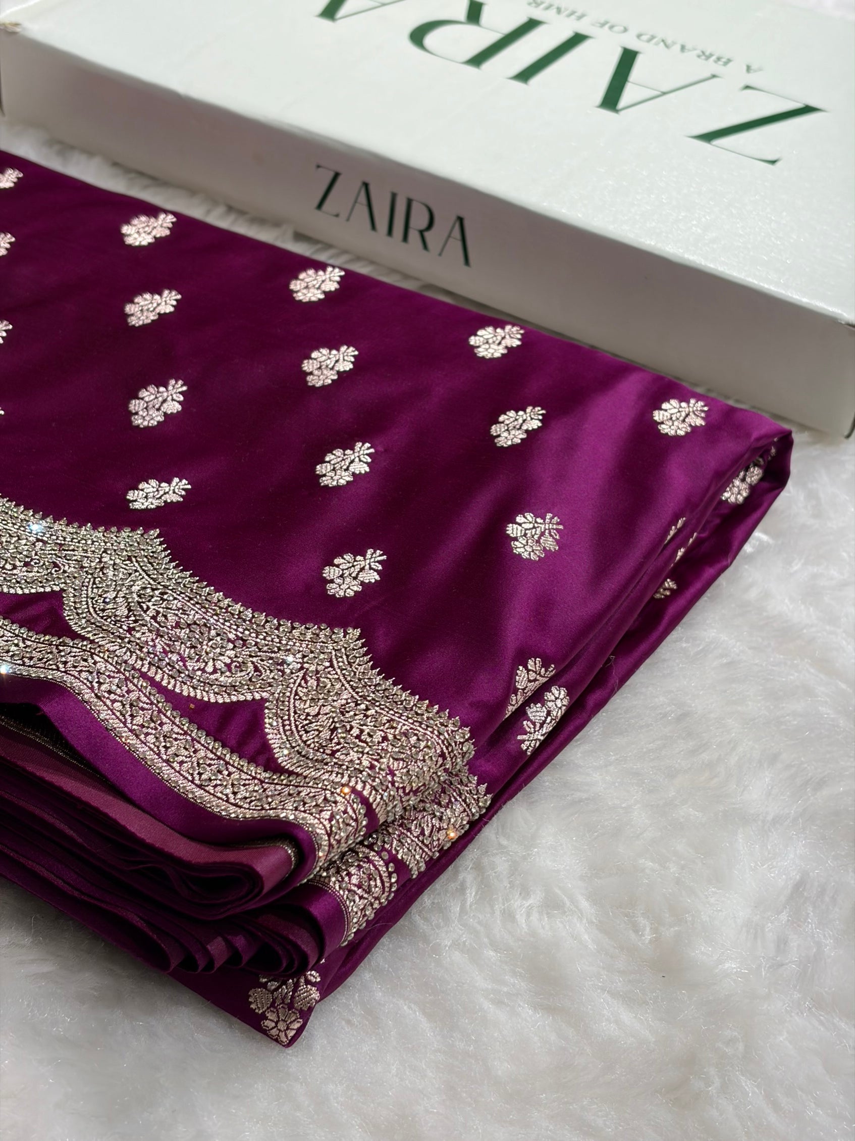 Banarasi Wine Scallop Mashru Silk with White Stone Swarovski work BMS02