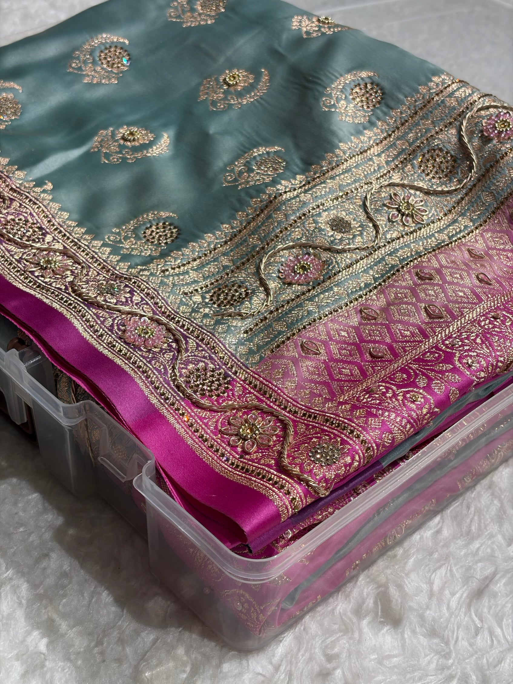 Turquoise with Lavender Floral Boota With Swarovski & Zardozi Work Satin Katan Silk saree BSK27