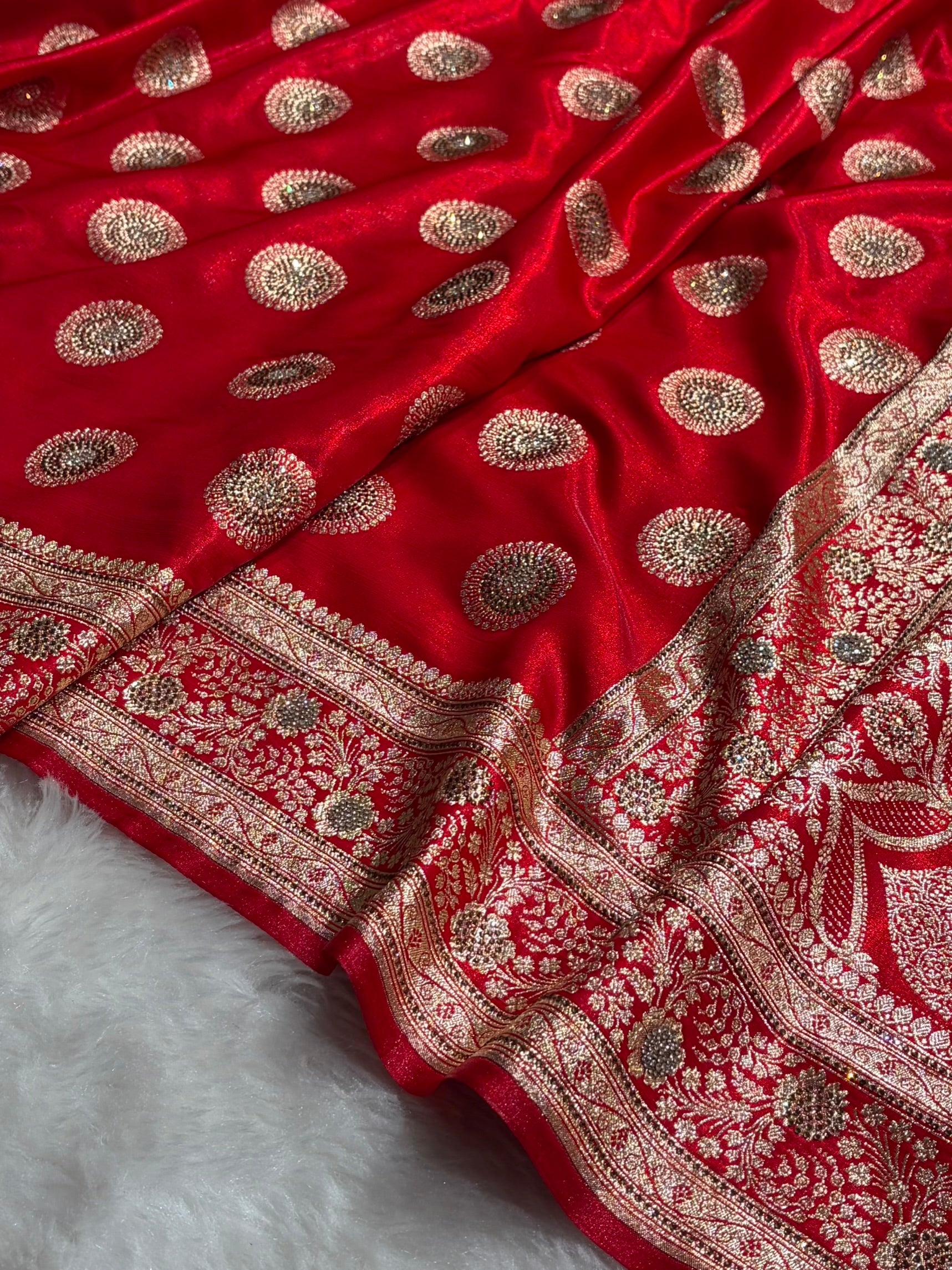 Red Shades Banarasi With Swarovski Stone Work Satin Silk Saree BSS33
