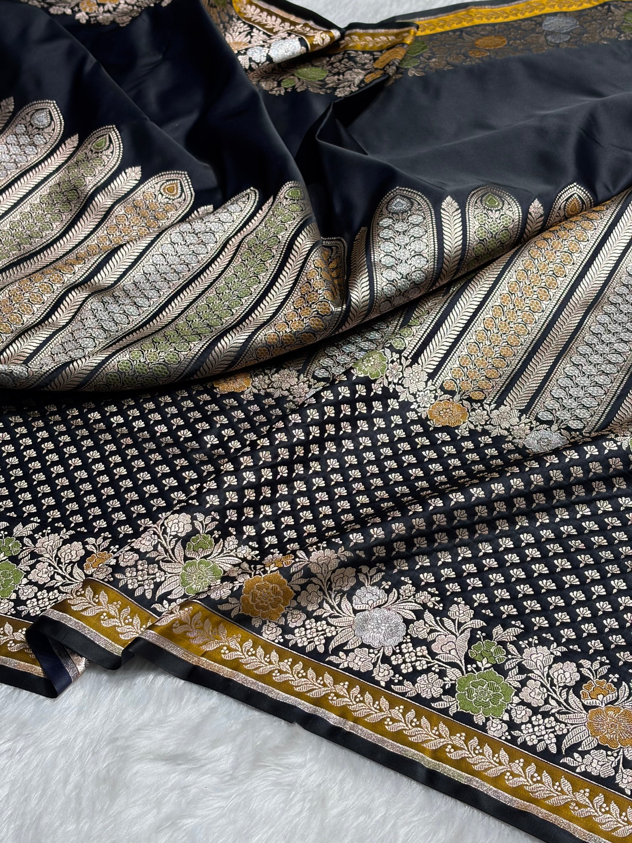 Dark Navy Blue Shades Floral Minakari Skirt Border Mashru Silk Saree MSM-83