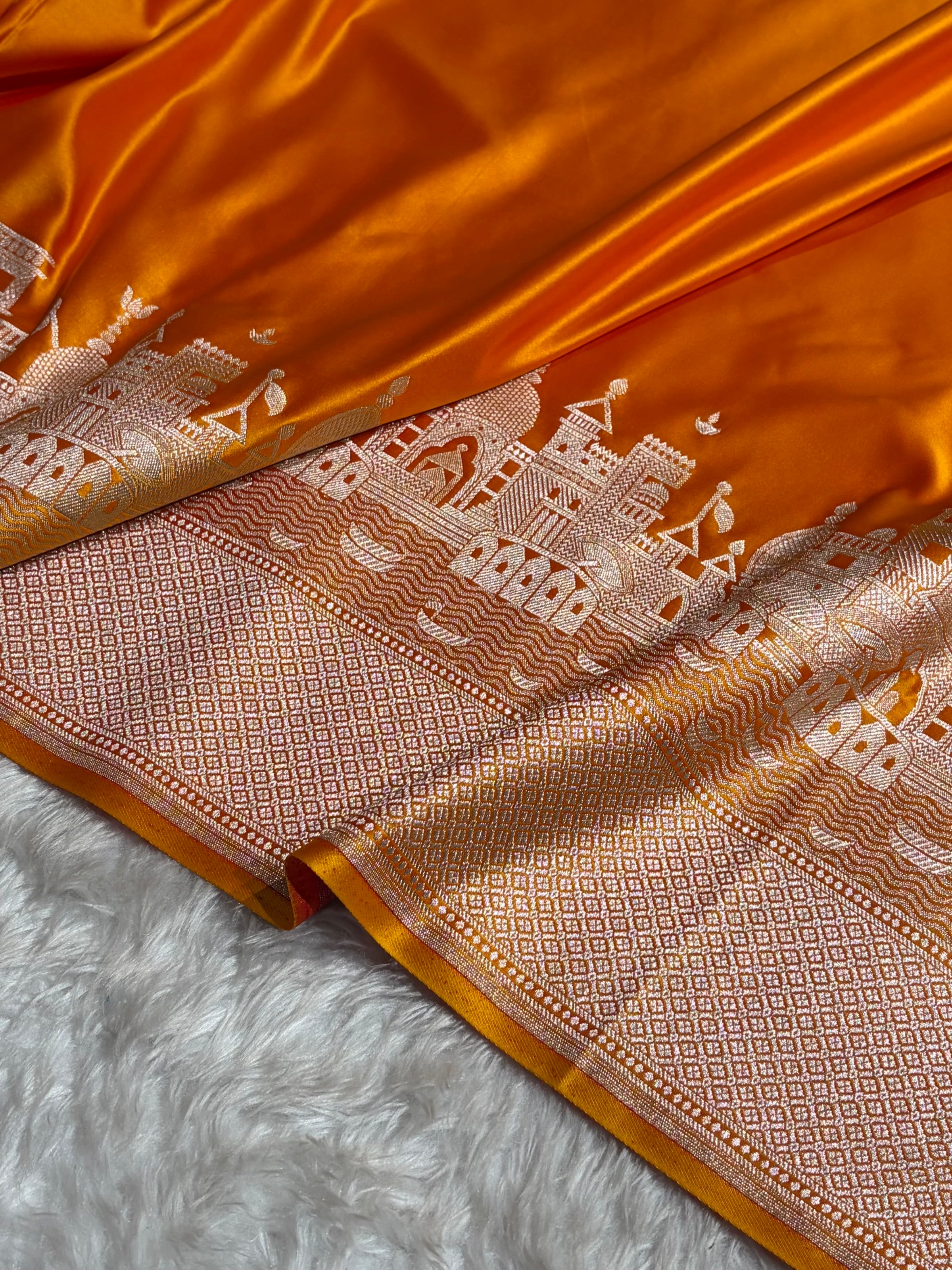 Orange Shades Ghat Pattern Satin Katan Silk Saree SK19
