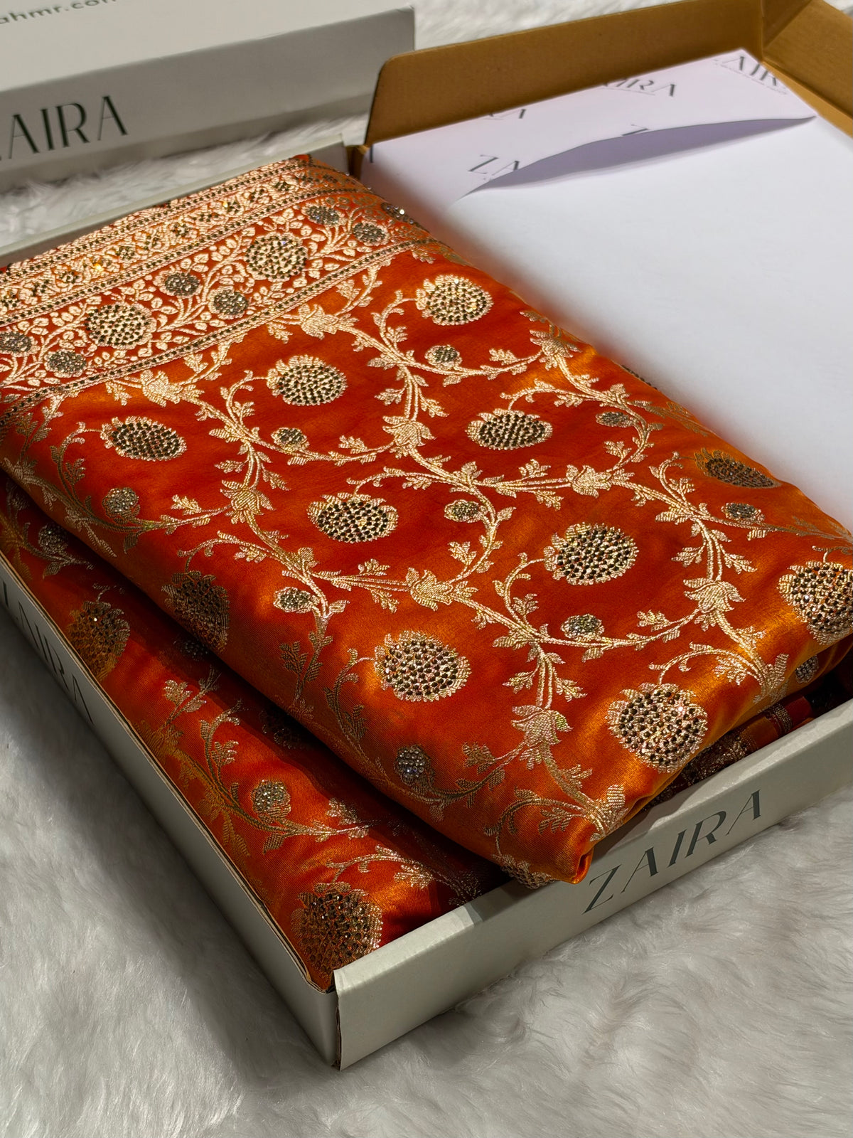 Gold With Swarovski Stone Work Jaal Pattern Satin Silk Saree BSS15