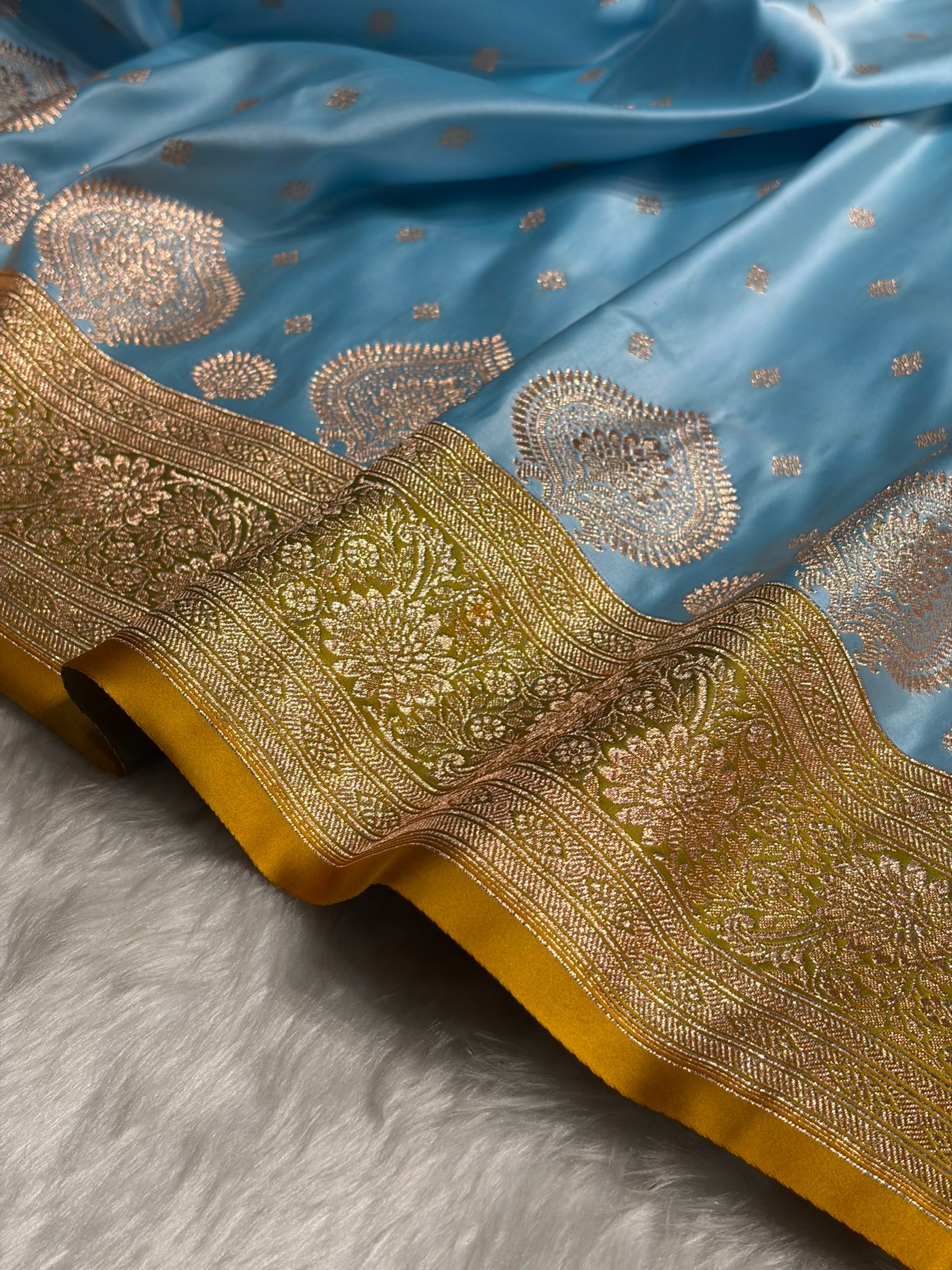Sky blue with Mustard Booti Satin Katan Silk saree SK29