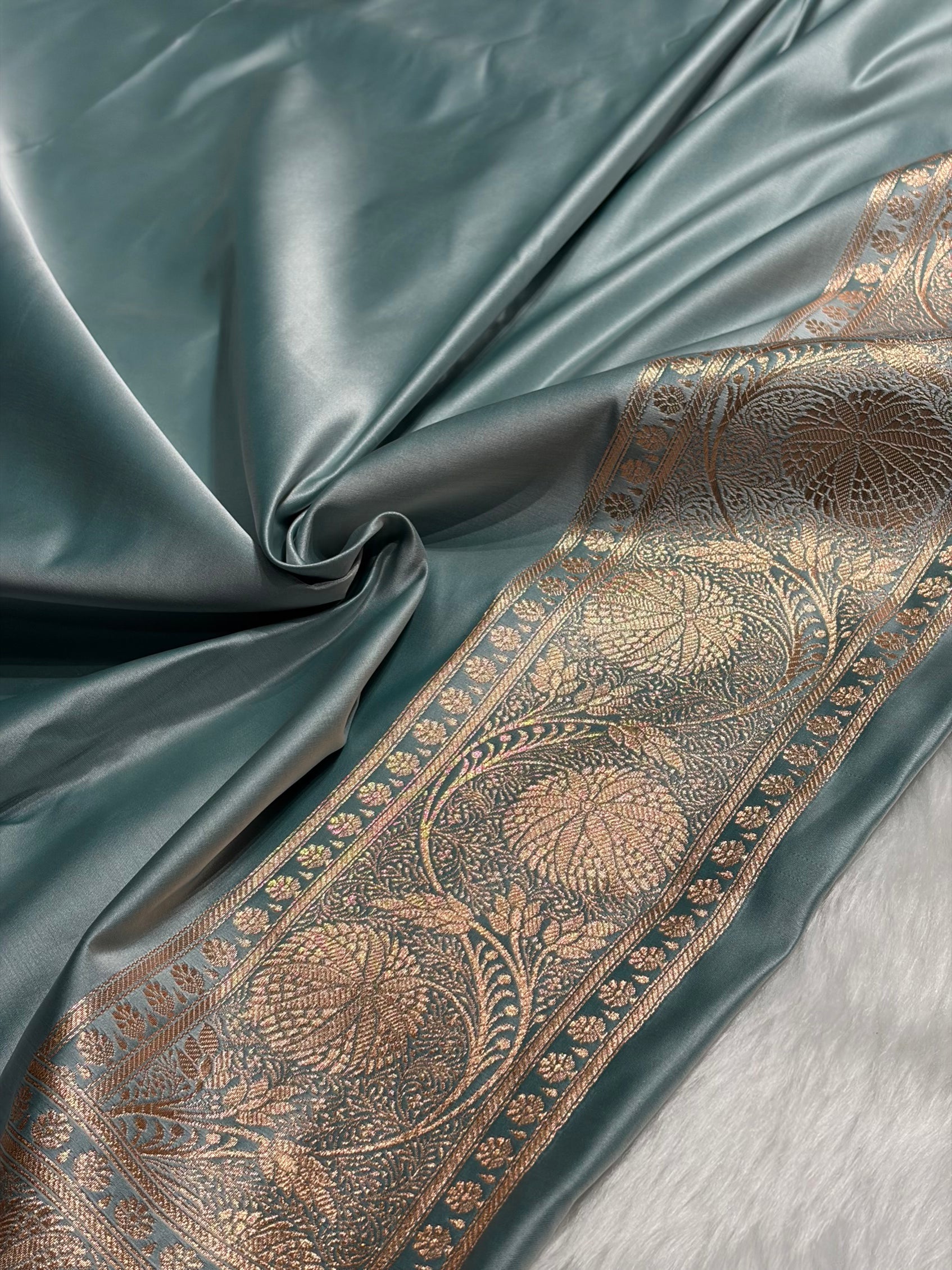 Turquoise Banarasi Jaal Satin Katan Silk Saree SK06
