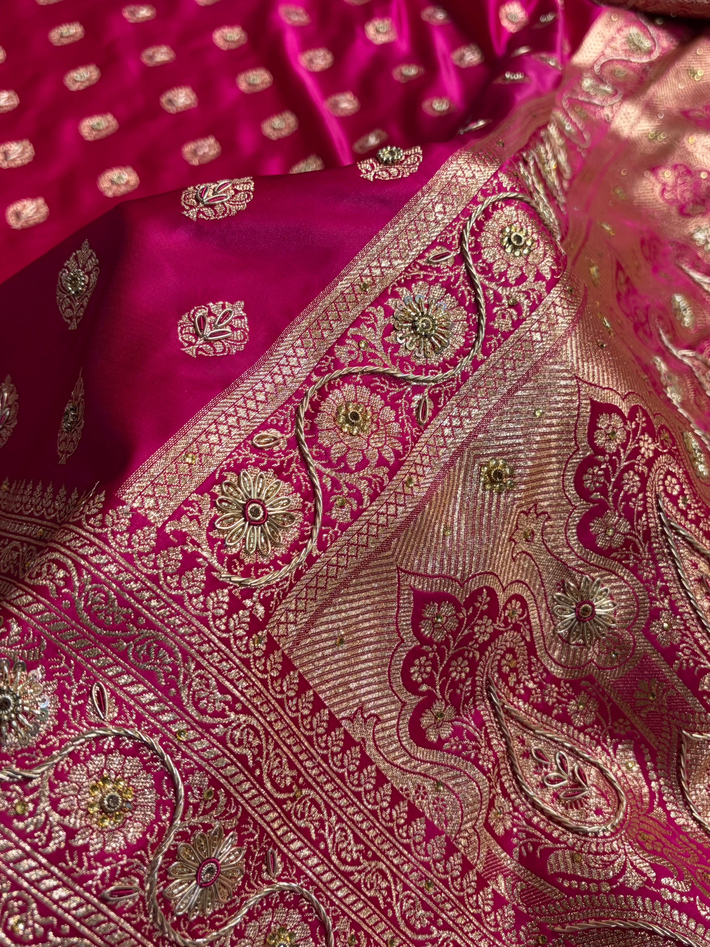 Banarasi Boota Katan Silk Saree In Rani Shades With Ari Zardozi Work BSK02