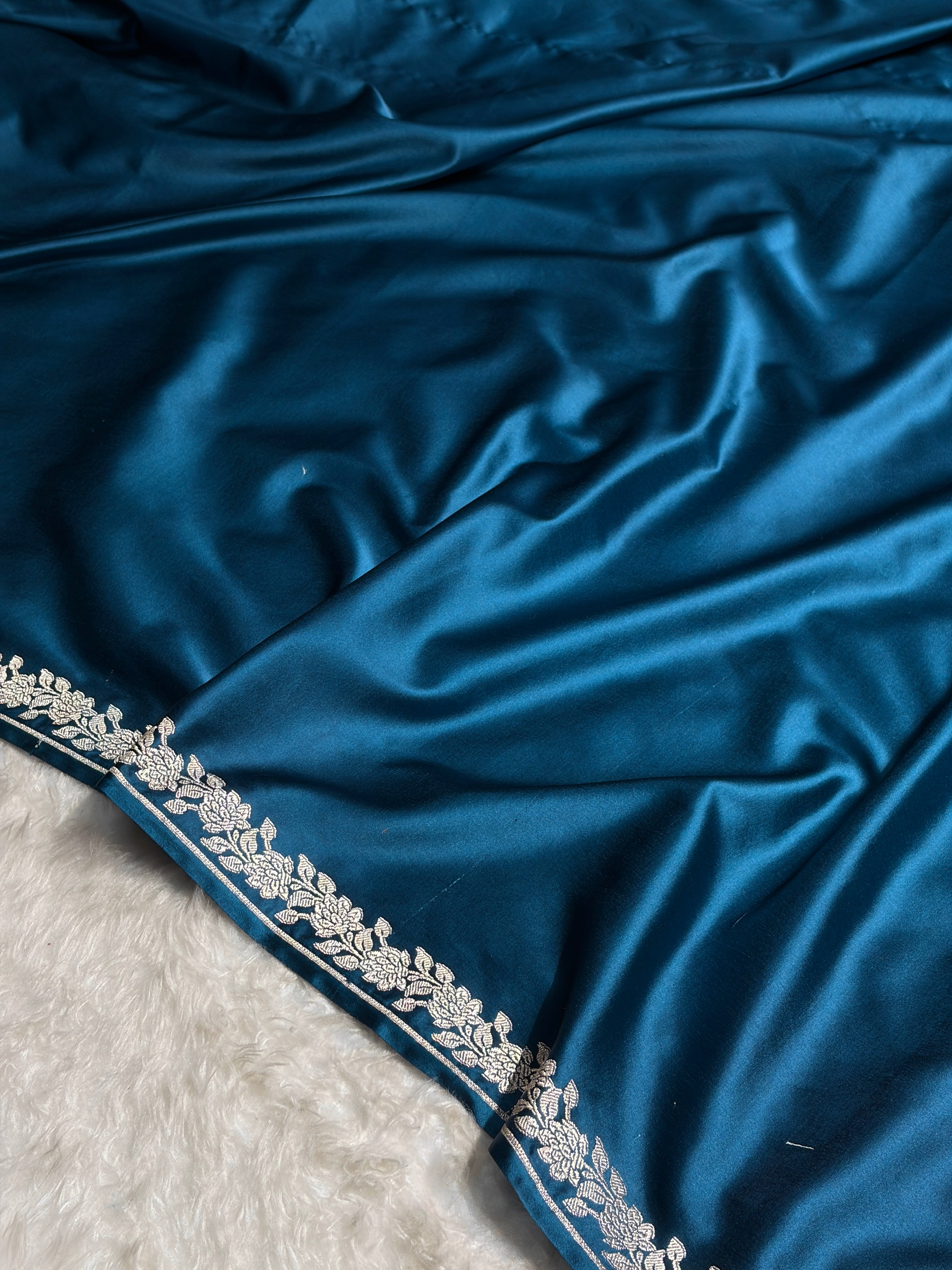 German Blue With Floral Border Mashru Silk Saree MS80