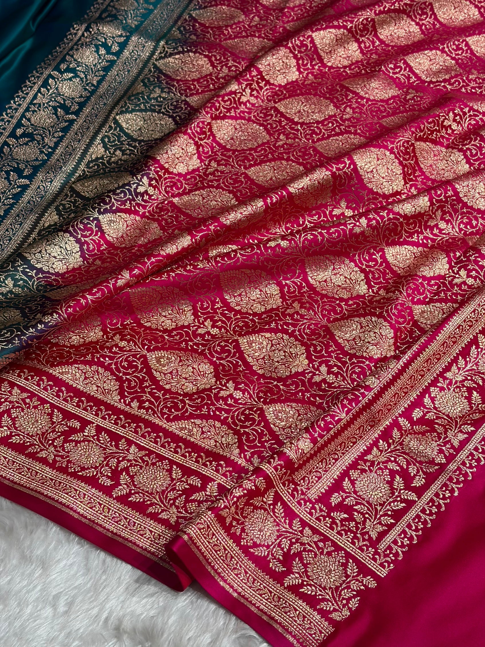 Banarasi Satin Katan Saree Floral Booti Pattern in Contrast Dark Rama / Rani Shades SK149