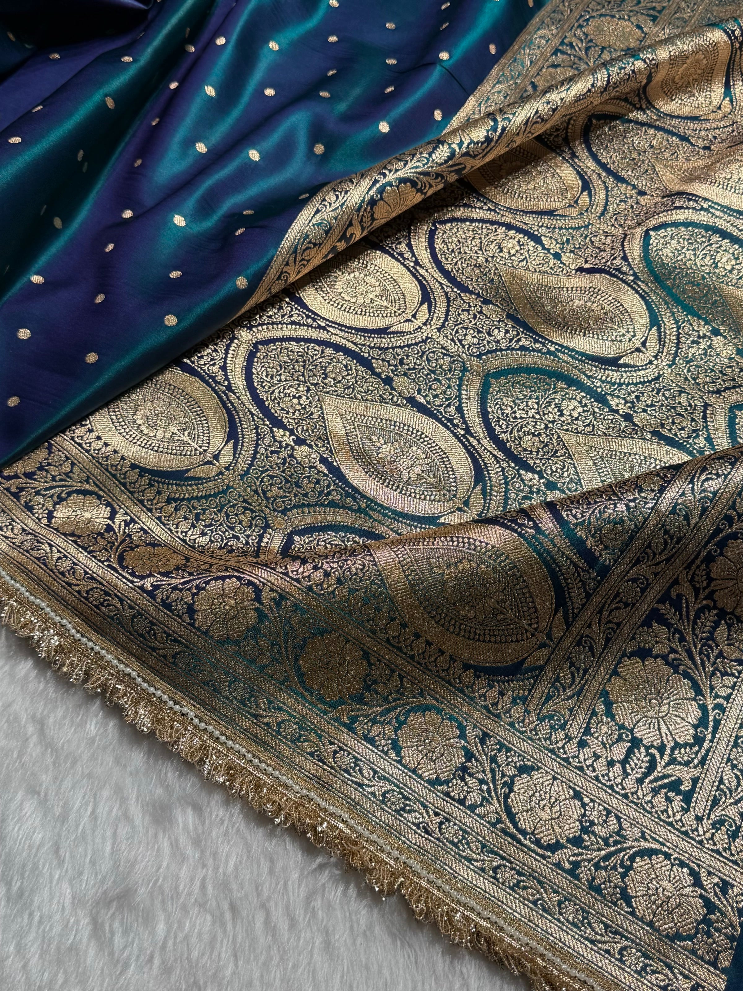 Satin Silk Dot Booti in Peacock Shades With Gotta Patti SSGP08