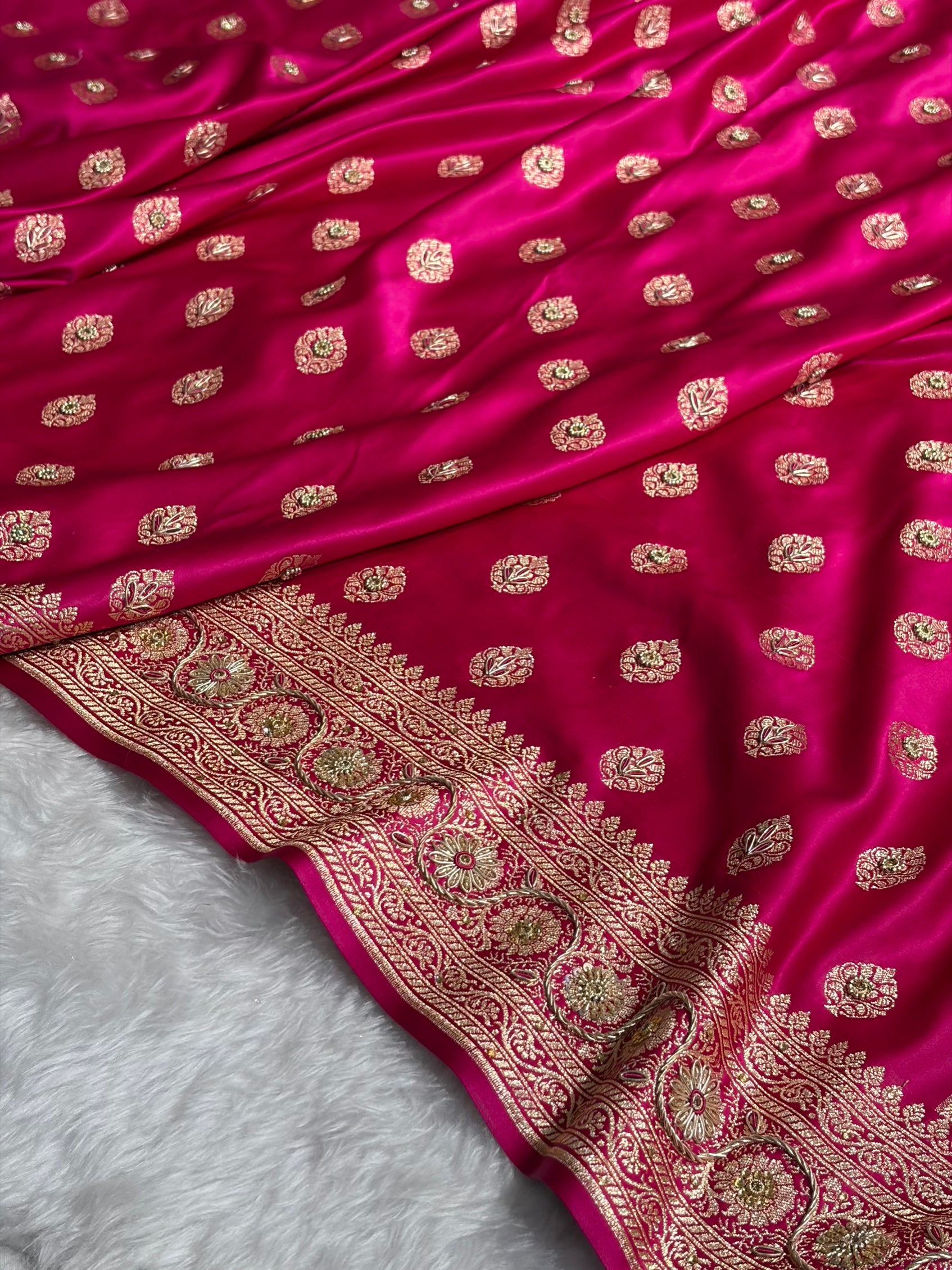 Banarasi Boota Katan Silk Saree In Rani Shades With Ari Zardozi Work BSK02