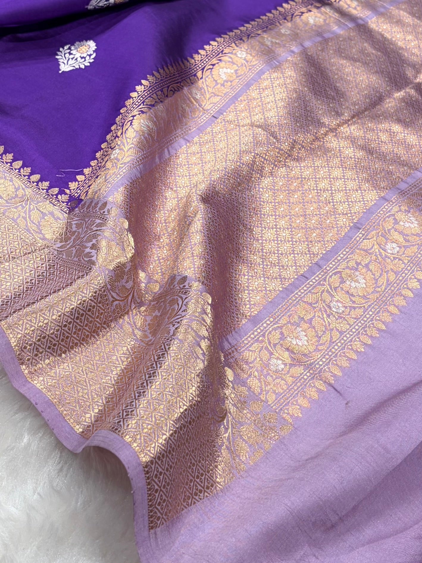 Banarasi Purple With Contrast Lavender Border & Meenakari Boota Handwoven Pure Katan Paper Silk RM-74