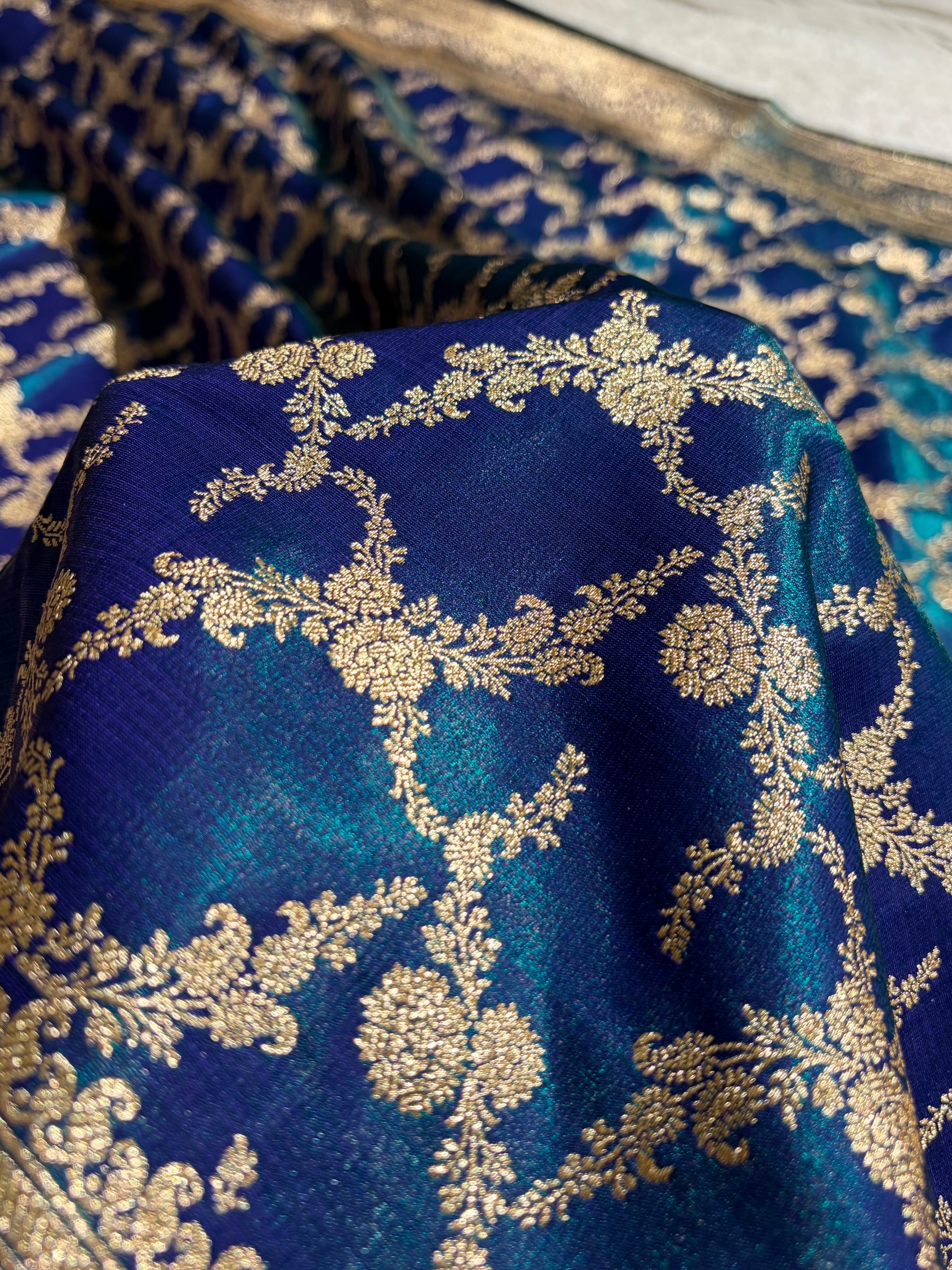 Peacock Shades Cross Pattern Banarasi Satin Silk Saree SS40
