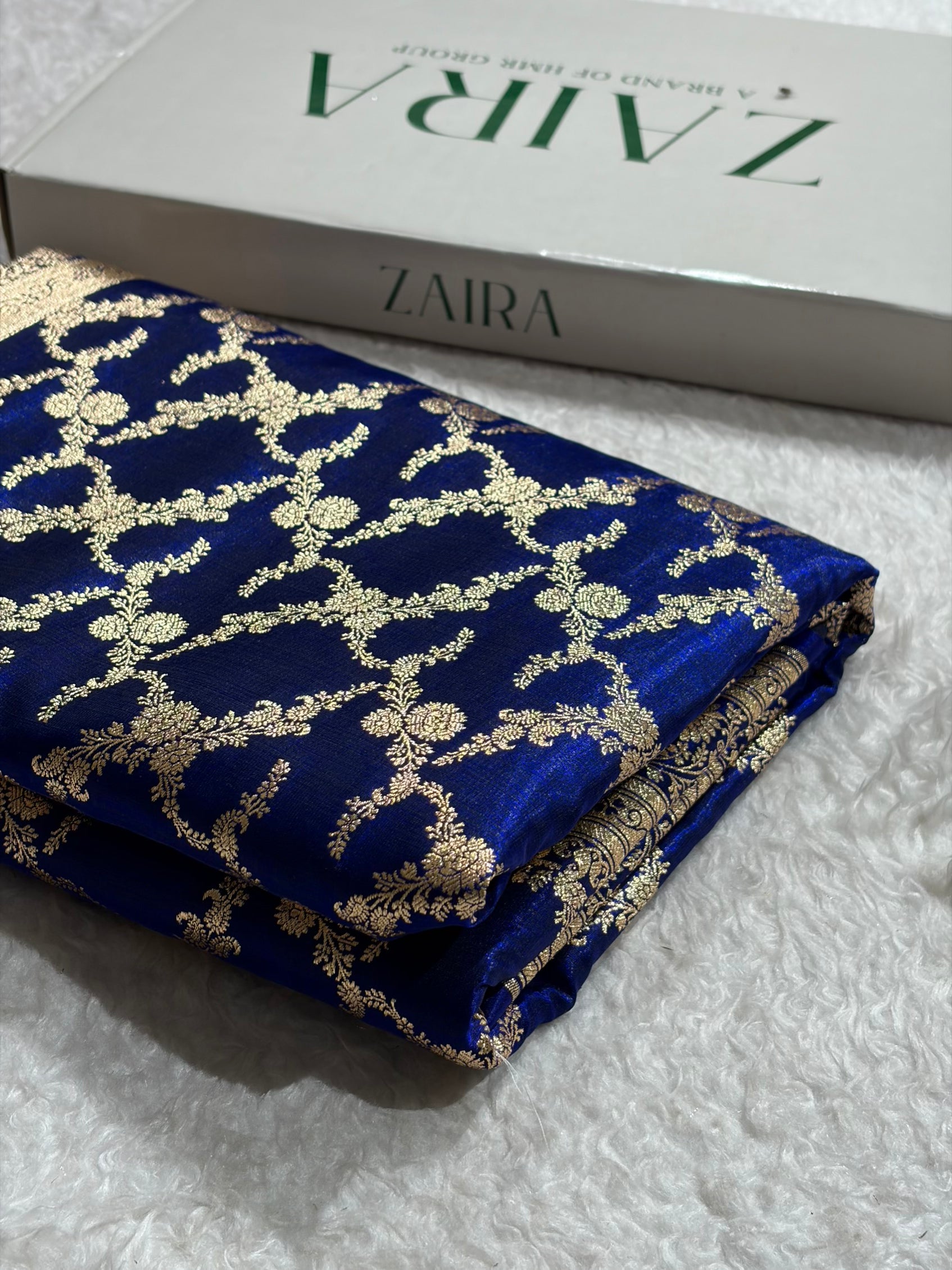 Royal Blue Shades Cross Pattern Banarasi Satin Silk Saree SS40