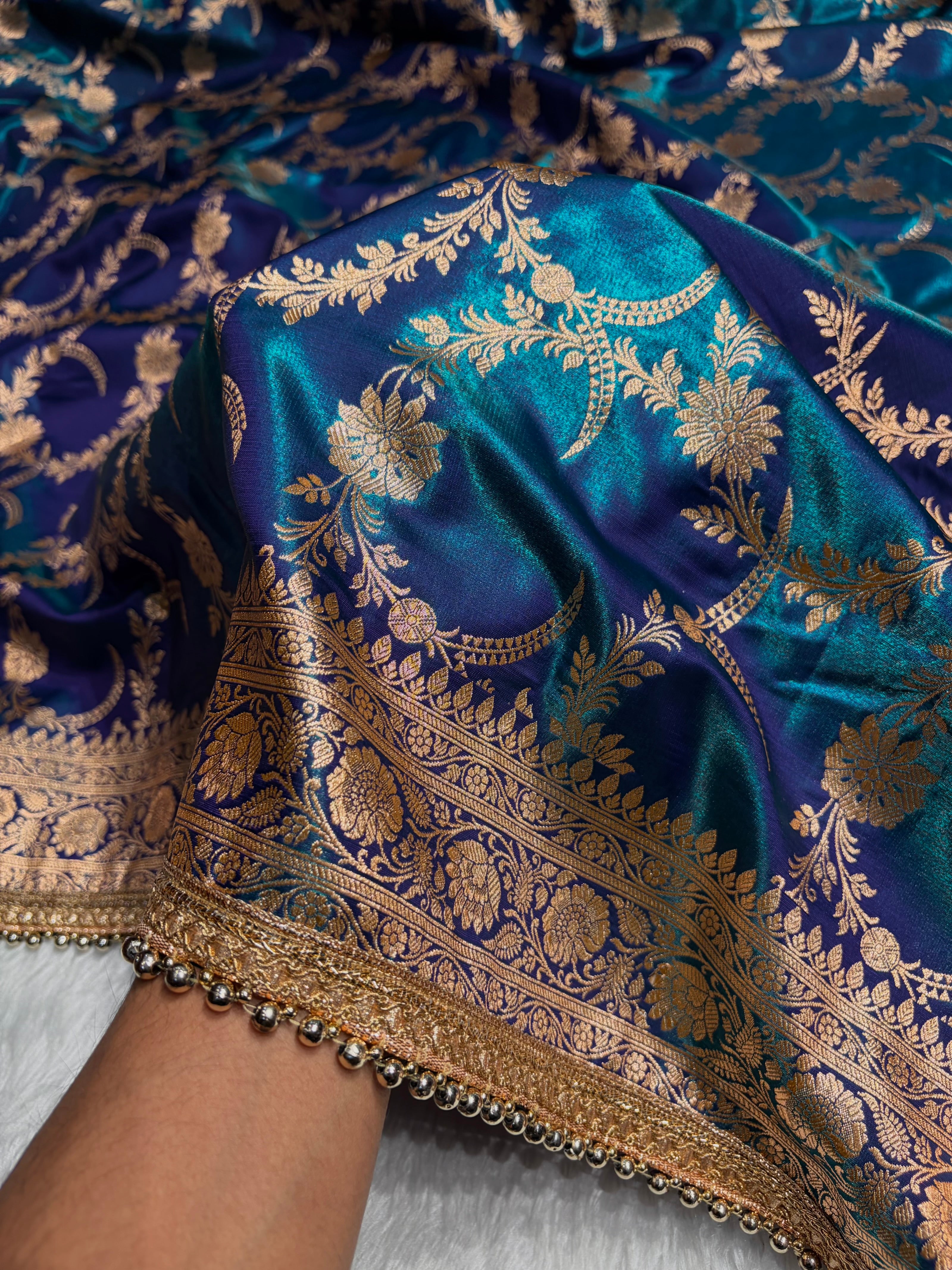 Satin Silk Banarasi Jaal In Peacock Shades With Gotta Patti SSGP18