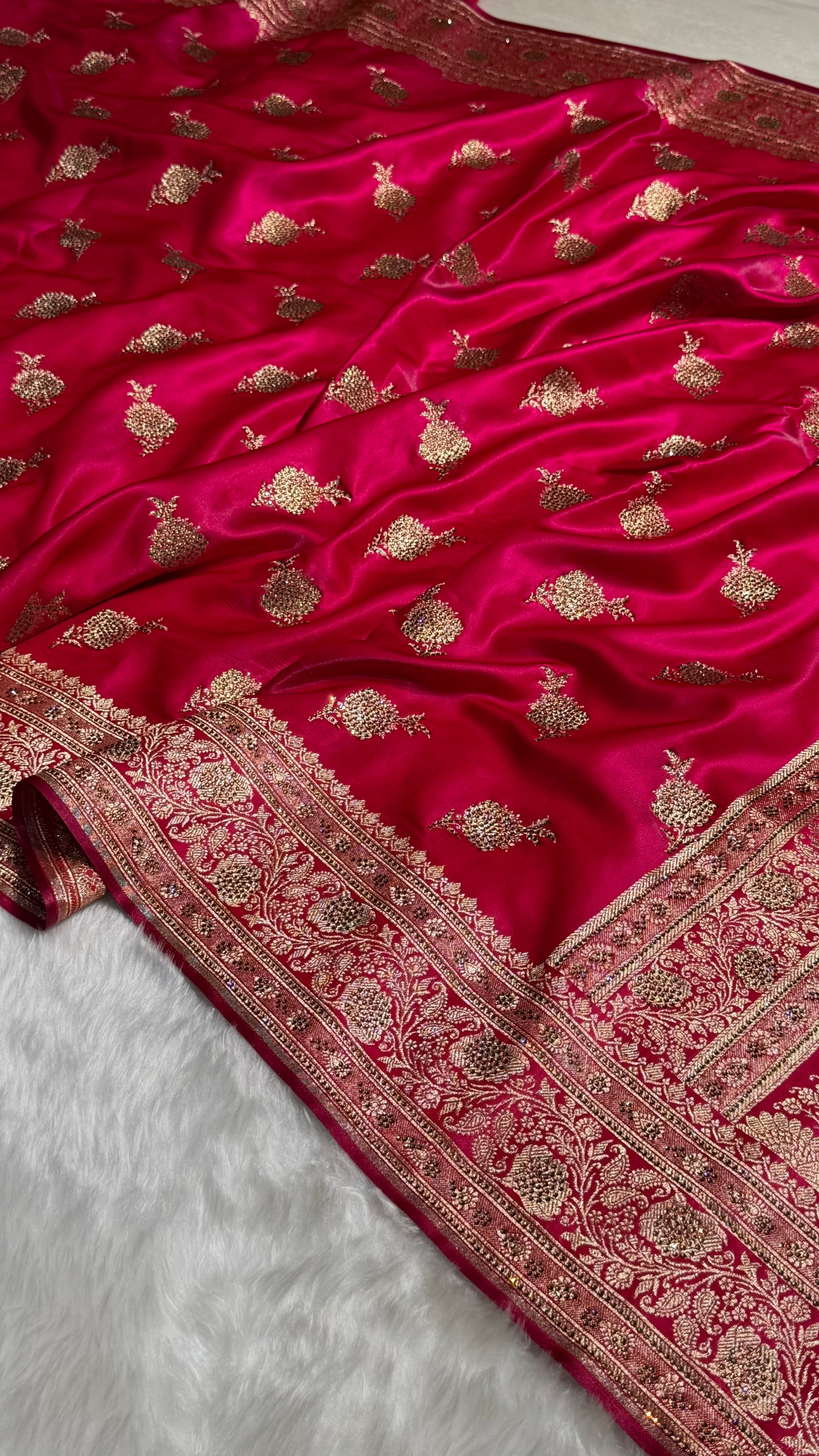 Satin Silk Saree Swarovski Work Floral Boota in Cross Rani Shades BSS26