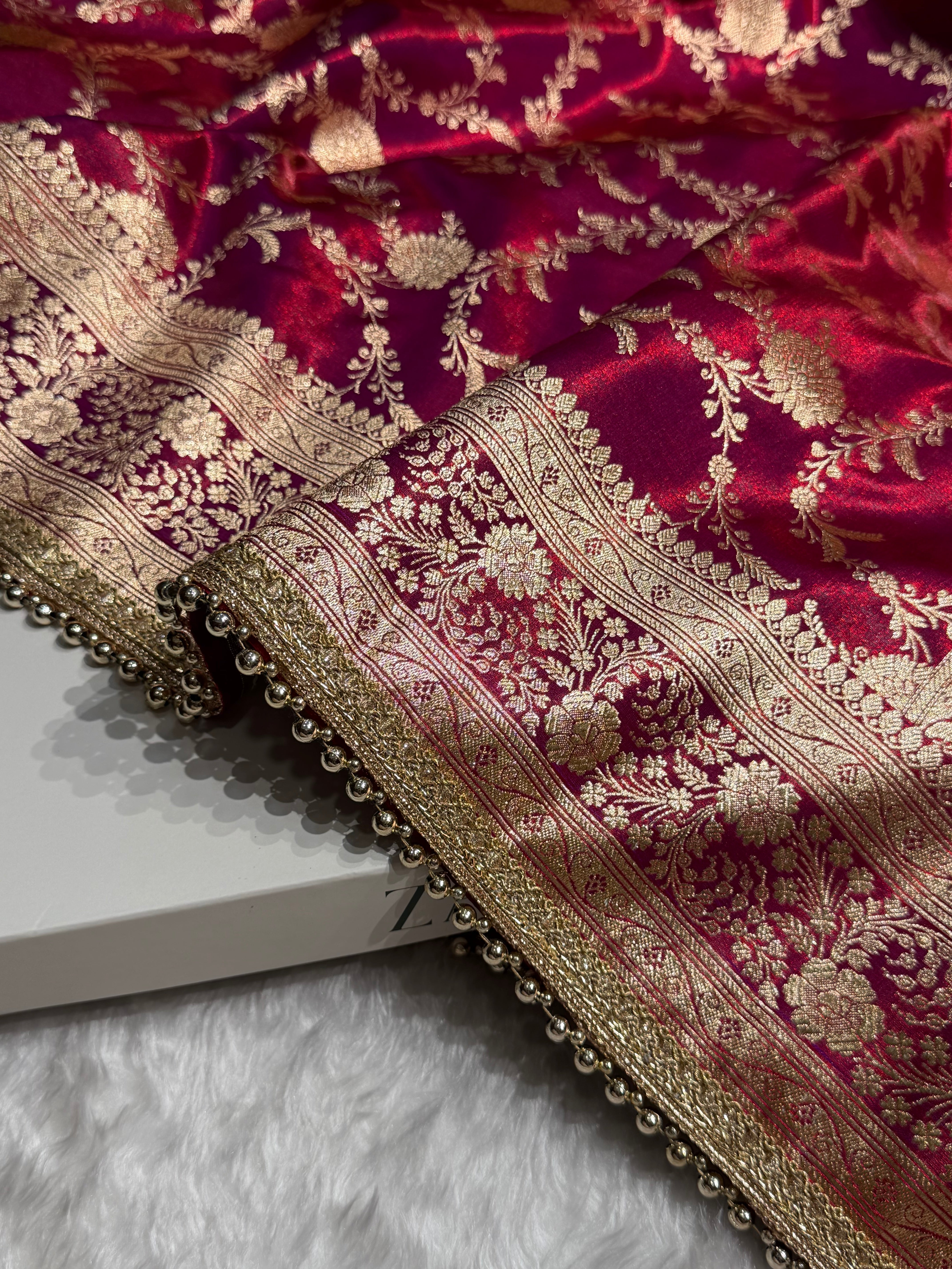 Satin Silk Banarasi Jaal In Reddish Magenta Shades With Gotta Patti SSGP14