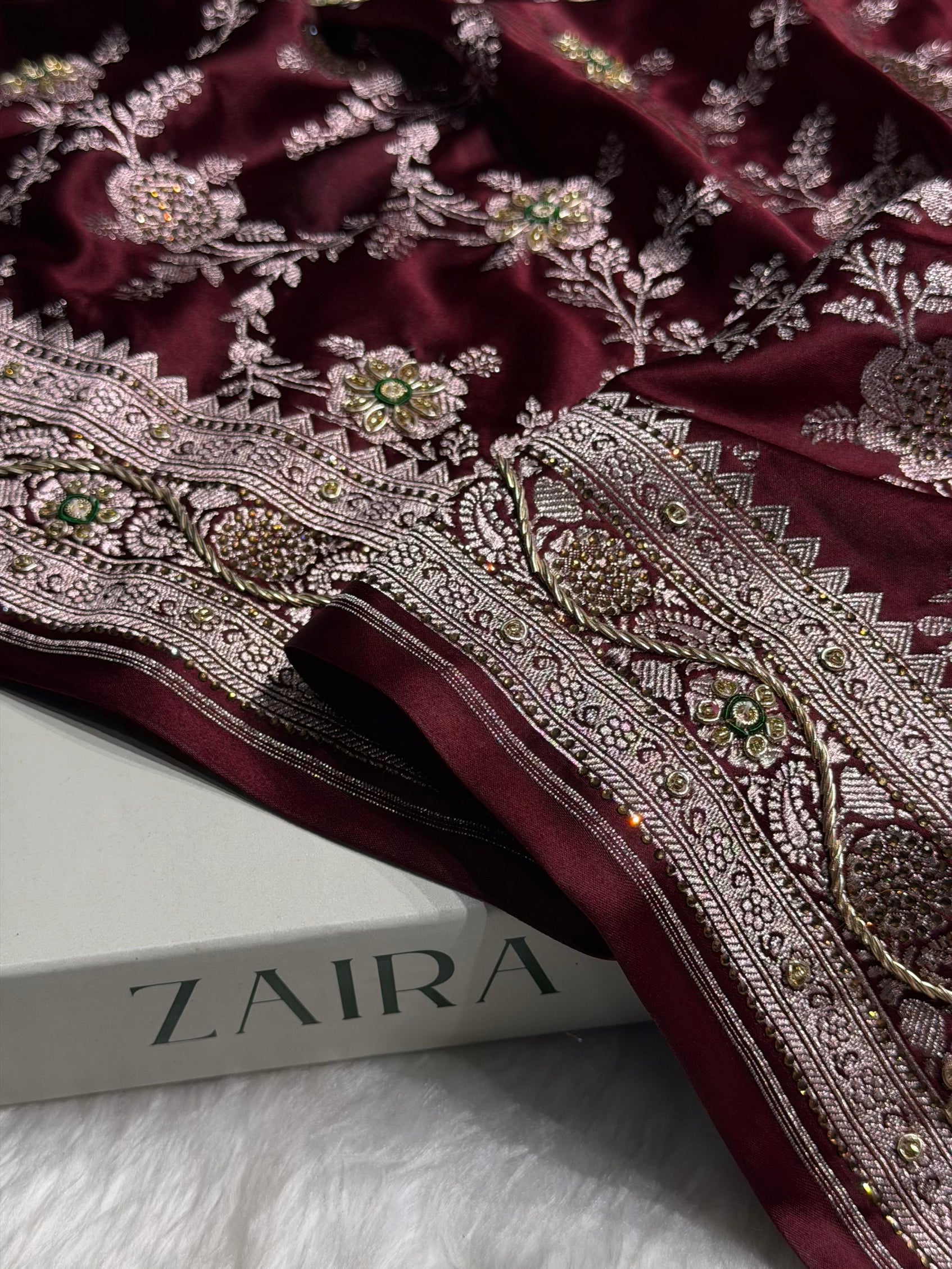 Dark Maroon Mashru Silk with Bananasi Ari and swarovski work BMS28