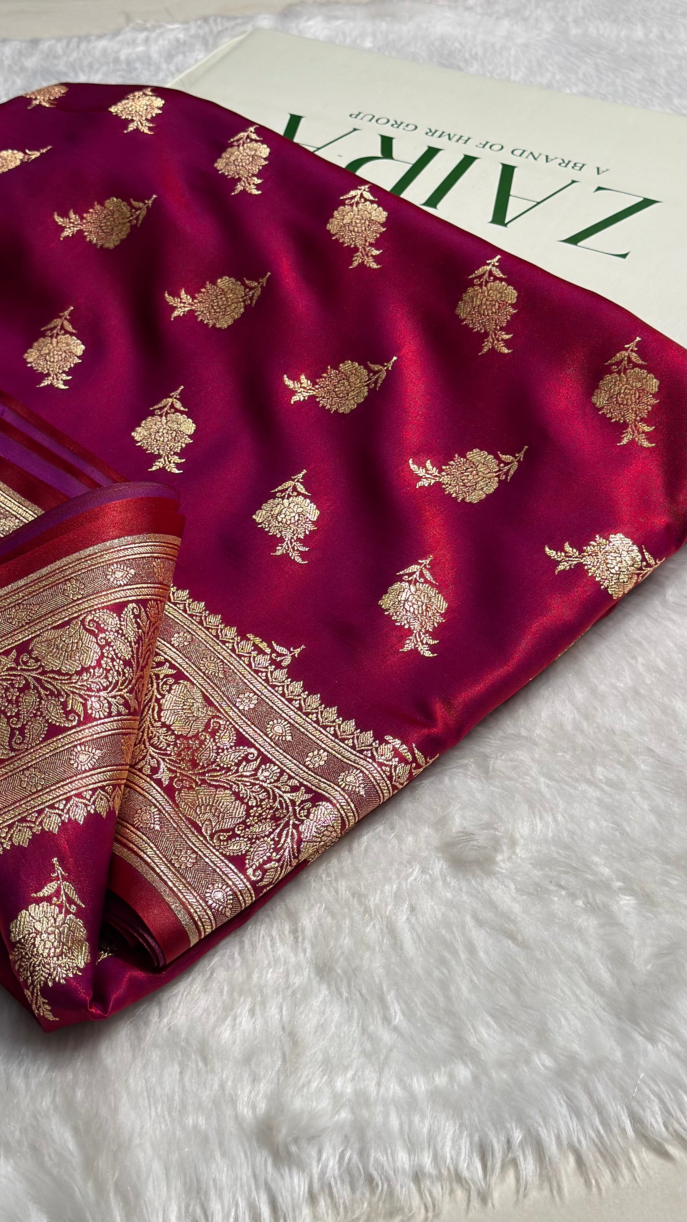 Satin Silk Saree Floral Boota in Magenta Red Shades In Nine Yards SSNY26