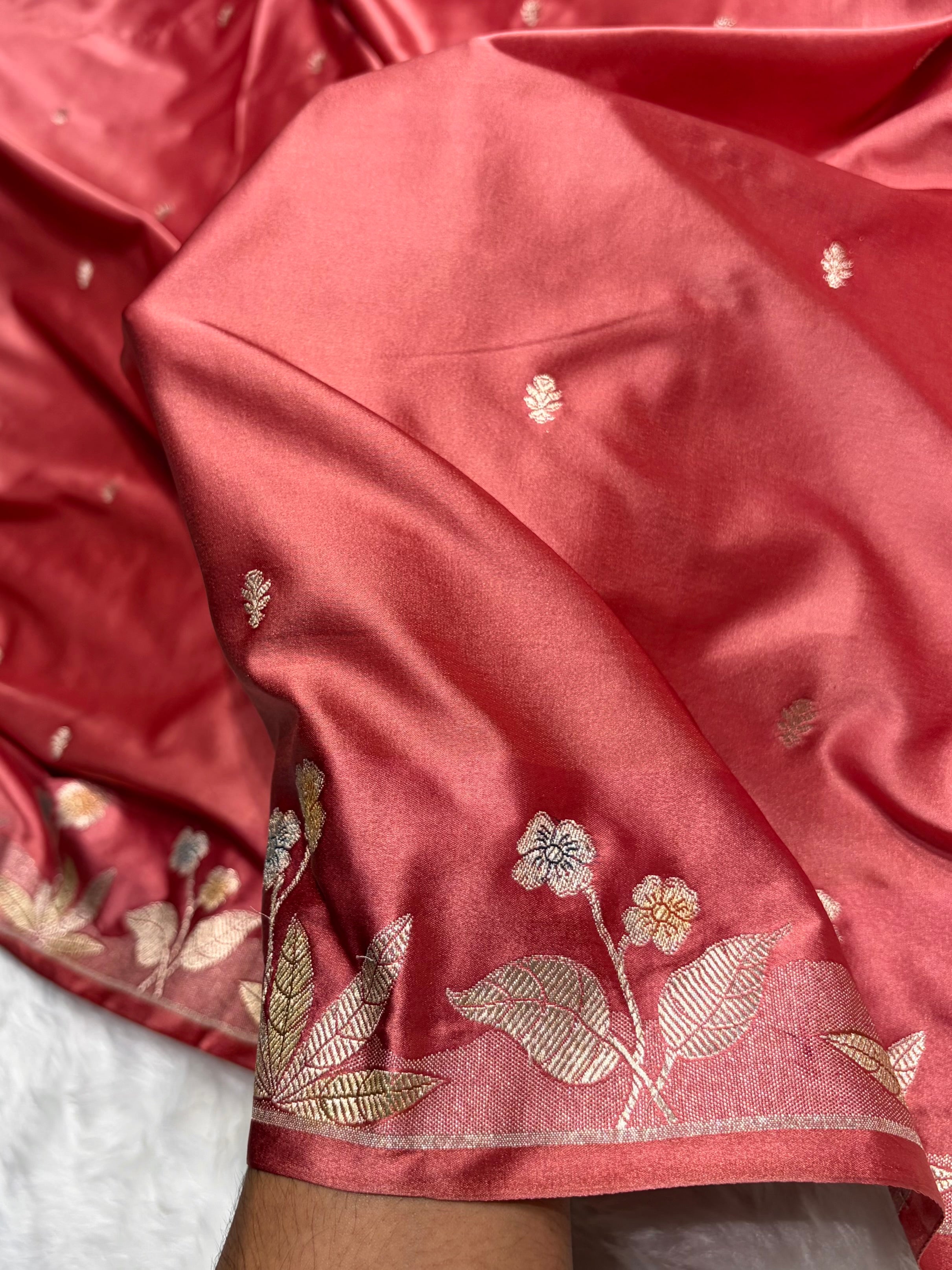 Banarasi Peach Shades Minakari Booti Mashru Silk Saree MS58