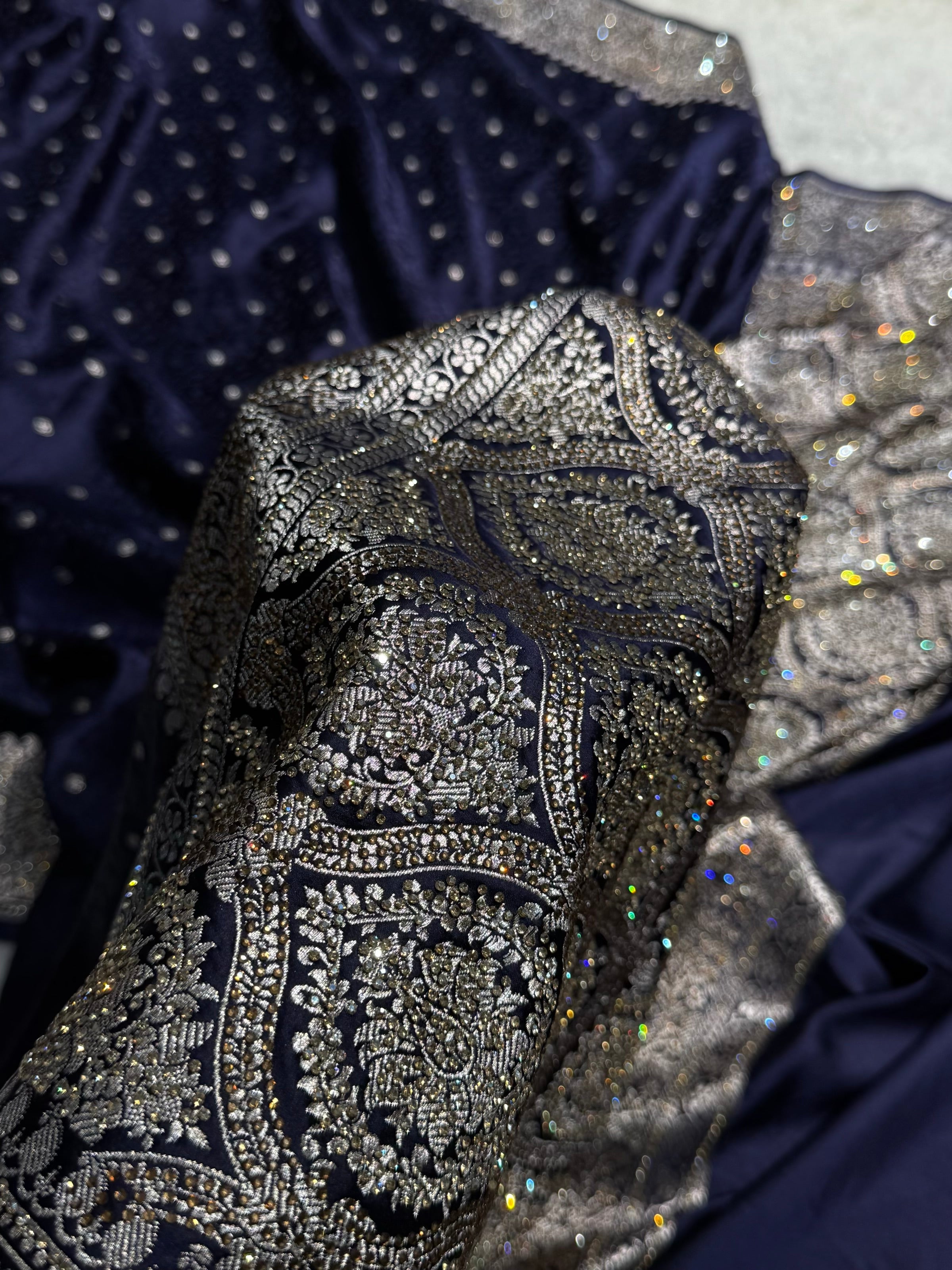 Navy Blue Shades Booti Tanchoi With White Swarovski Work Mashru Silk Saree BMS49