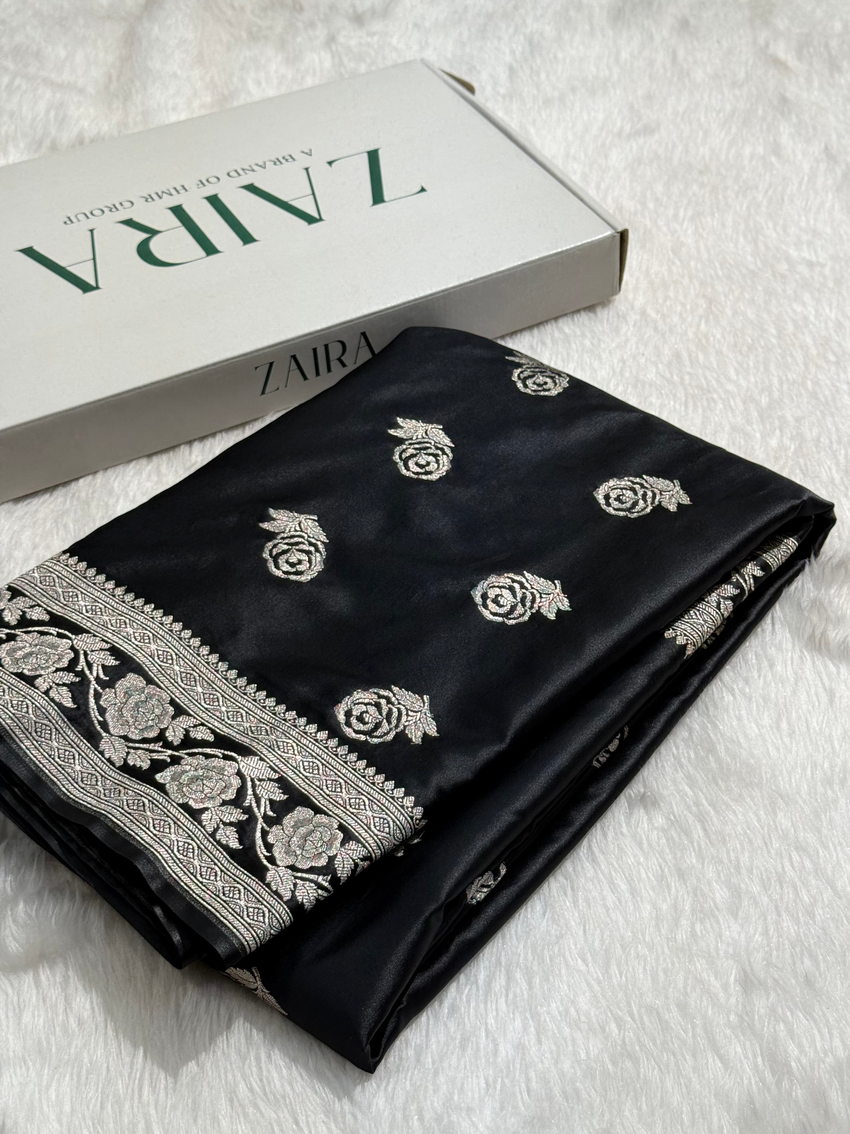 Black rose Motif Mashru Silk Saree