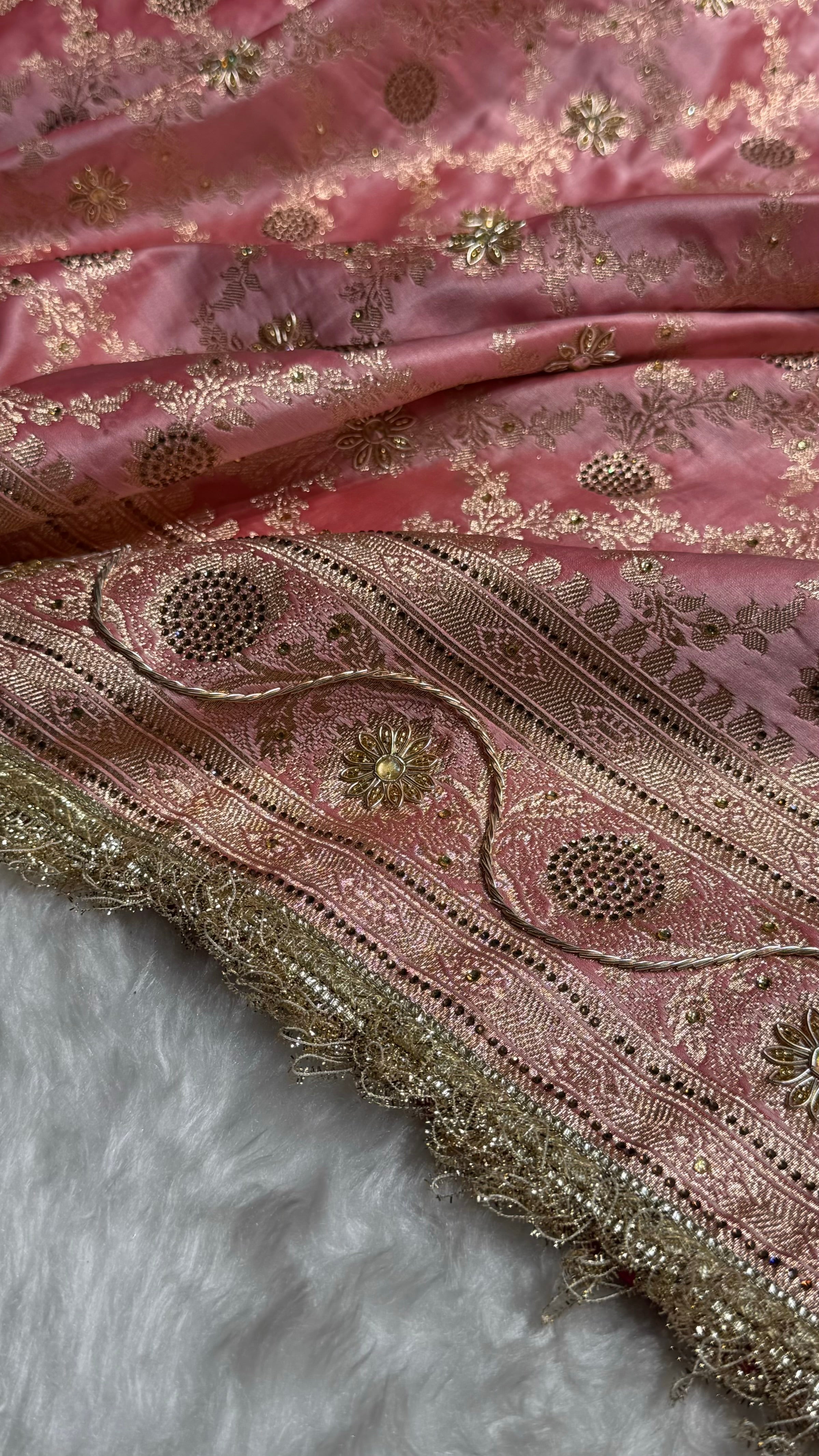 Baby Pink Swavroski & Zardozi Work With Gotta Patti Jaal Pattern Satin Katan Silk Saree BSKGP25