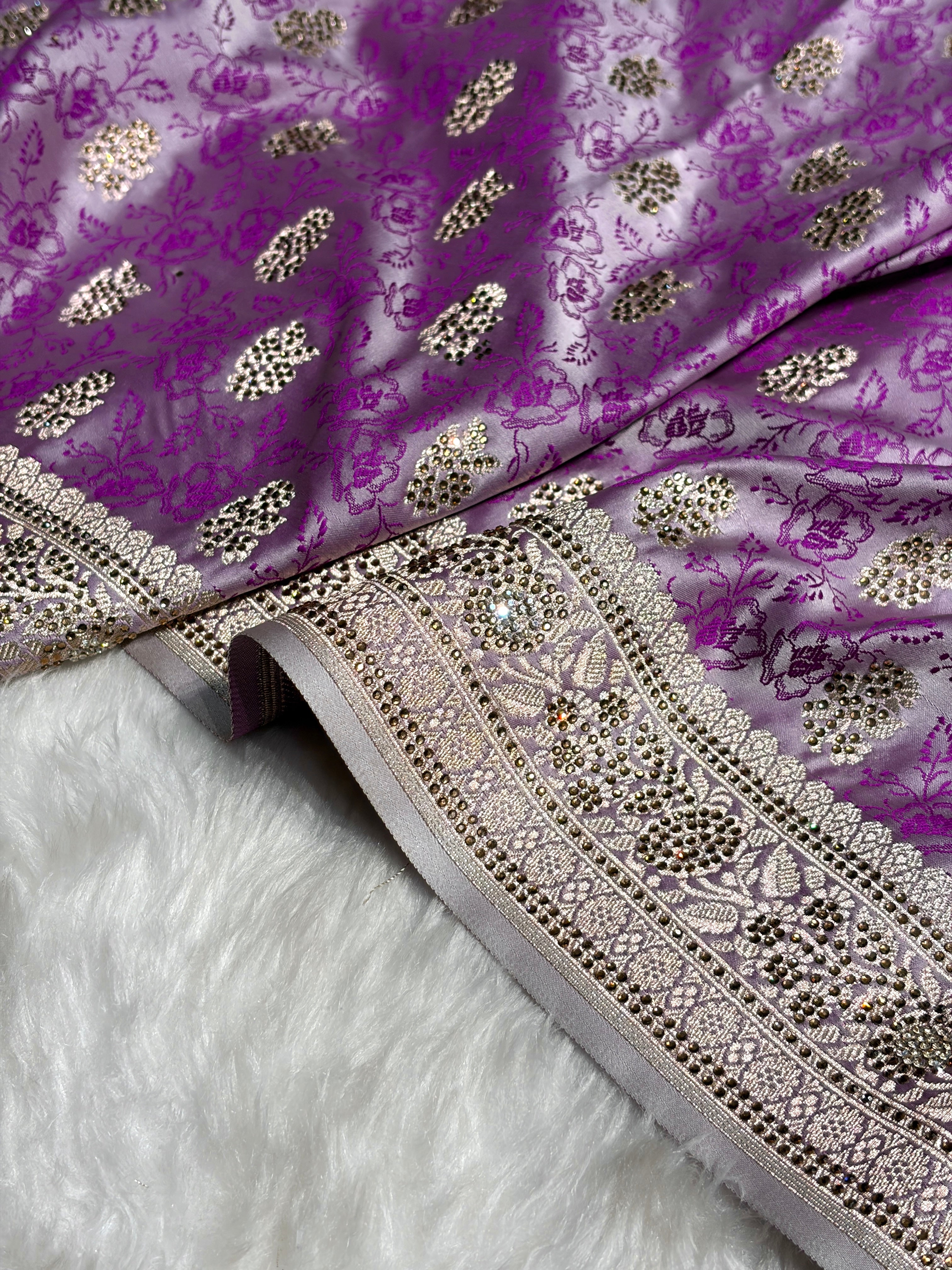 Banarasi Lavender Shades Tanchoi Motif With Swarovski Work Mashru Silk Saree BMST-10