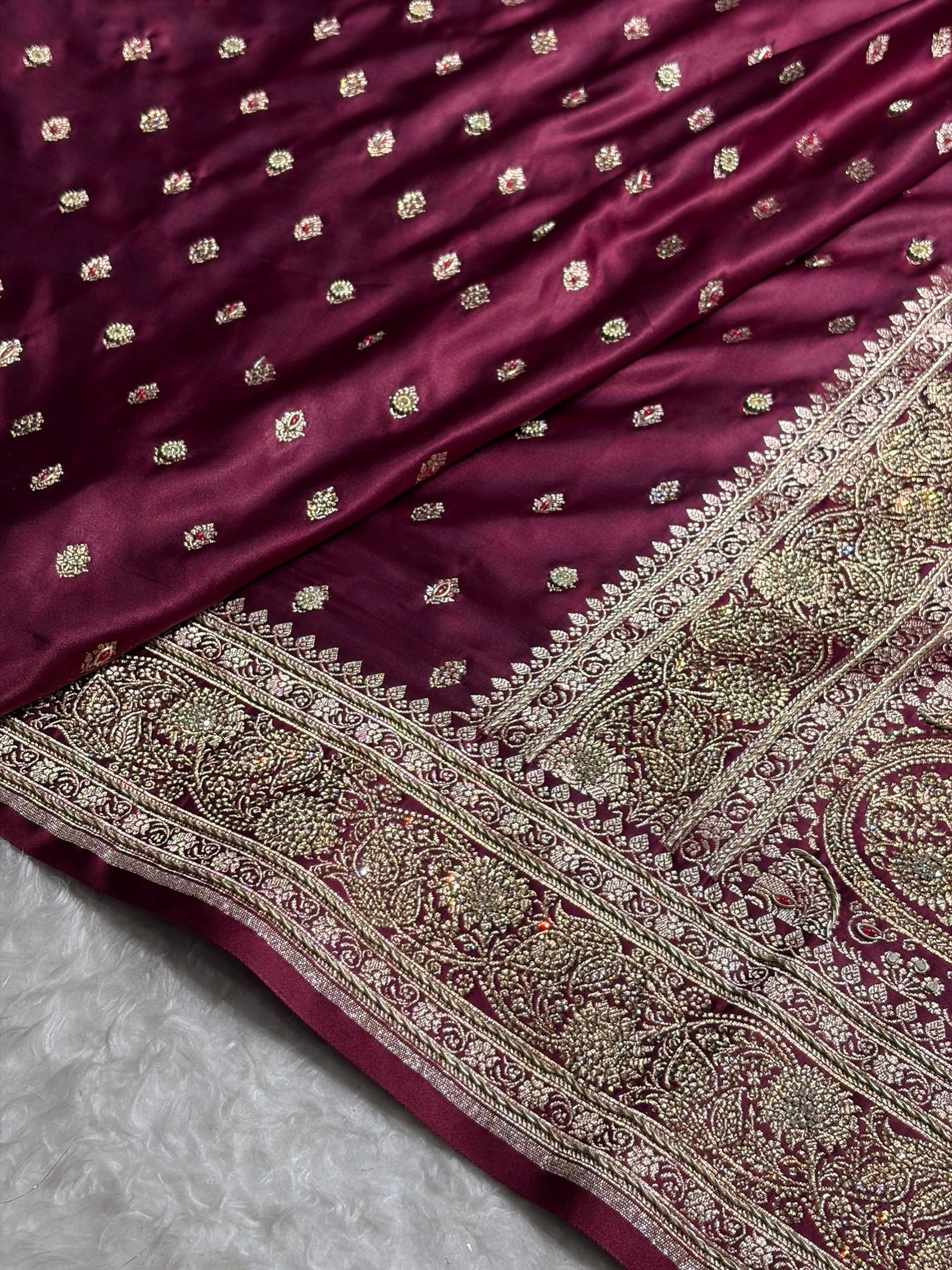 Banarasi Chocolate Booti Pattern With Ari Zardozi Stone Work Satin Katan Silk Saree BSK53