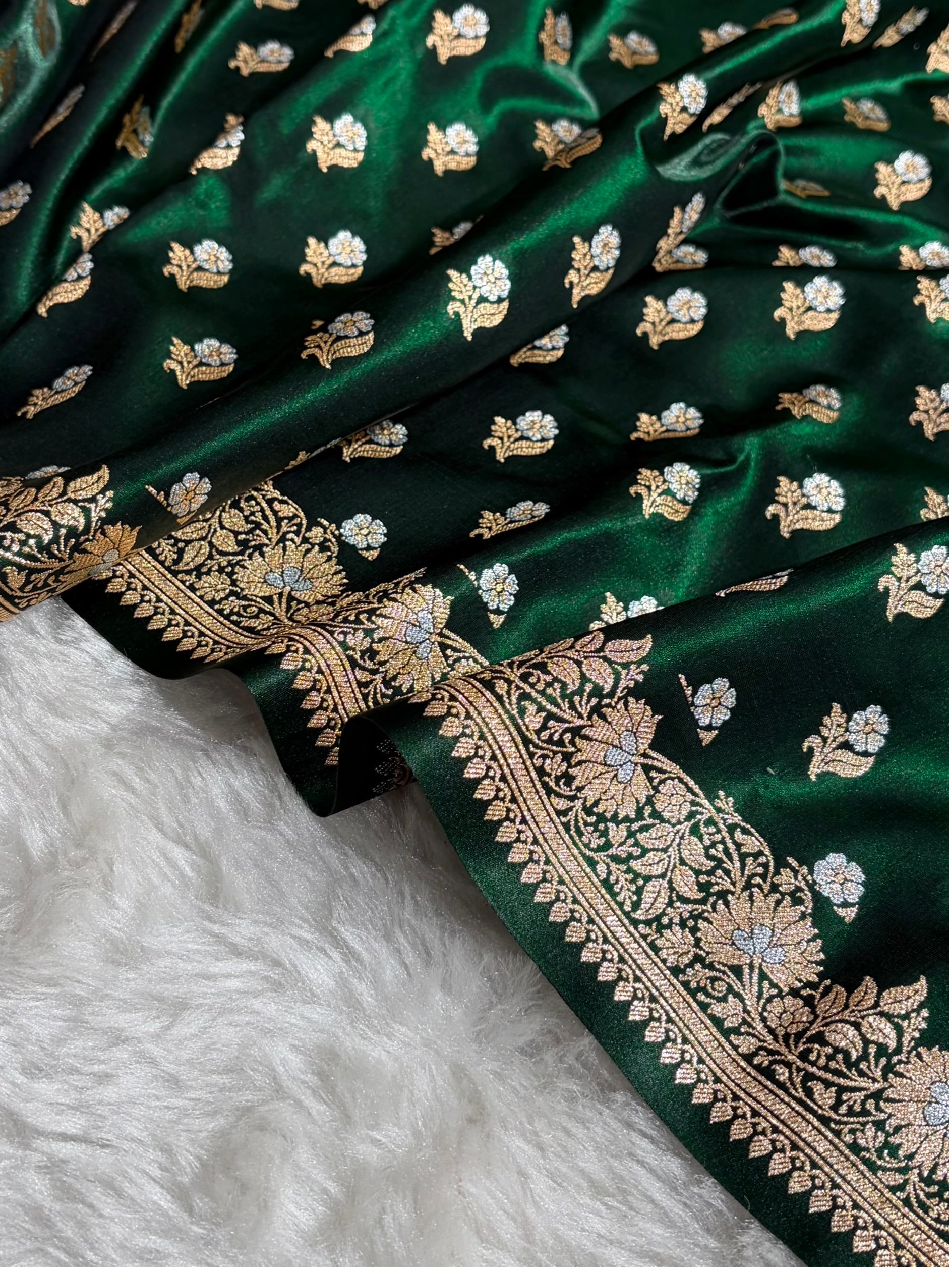 Banarasi Satin Silk Meena Boota in Bottle Green Shades SS38