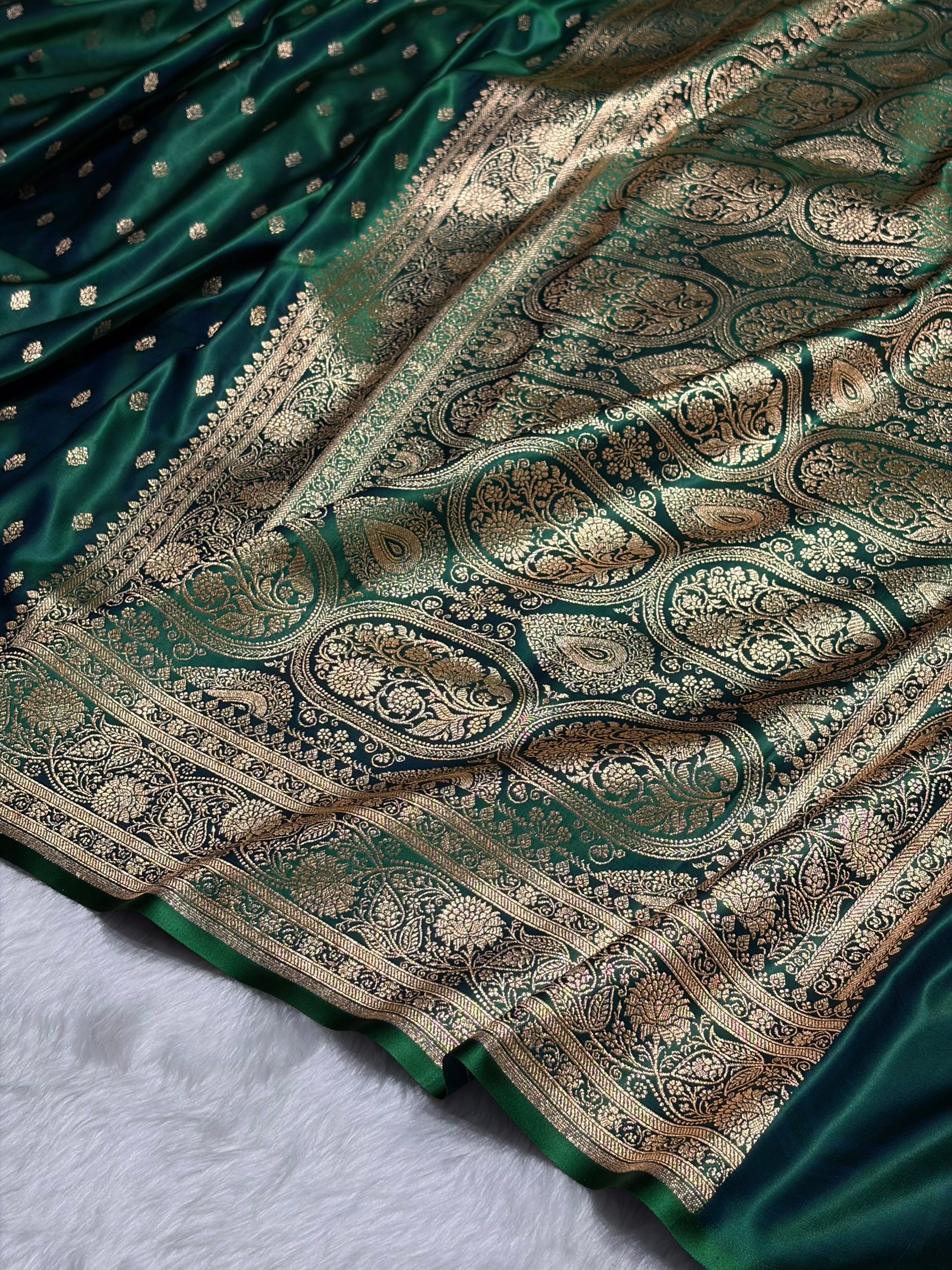 Cross Green Booti Pattern Satin Katan Silk Saree SK53