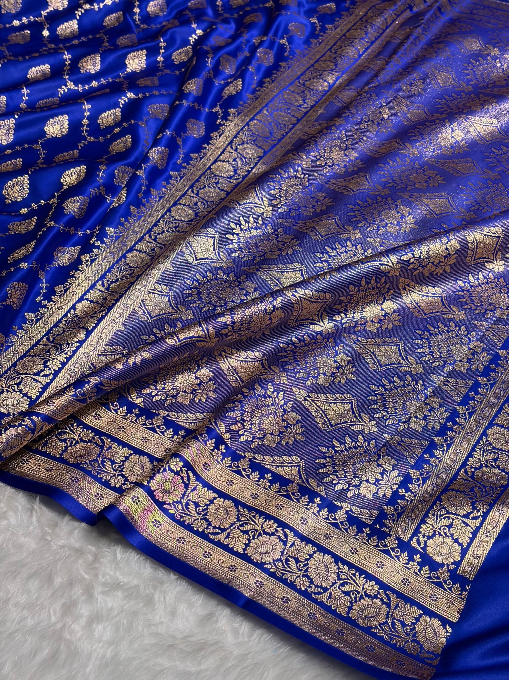 Royal Blue Floral Jaal Pattern Satin Katan Silk saree SK42