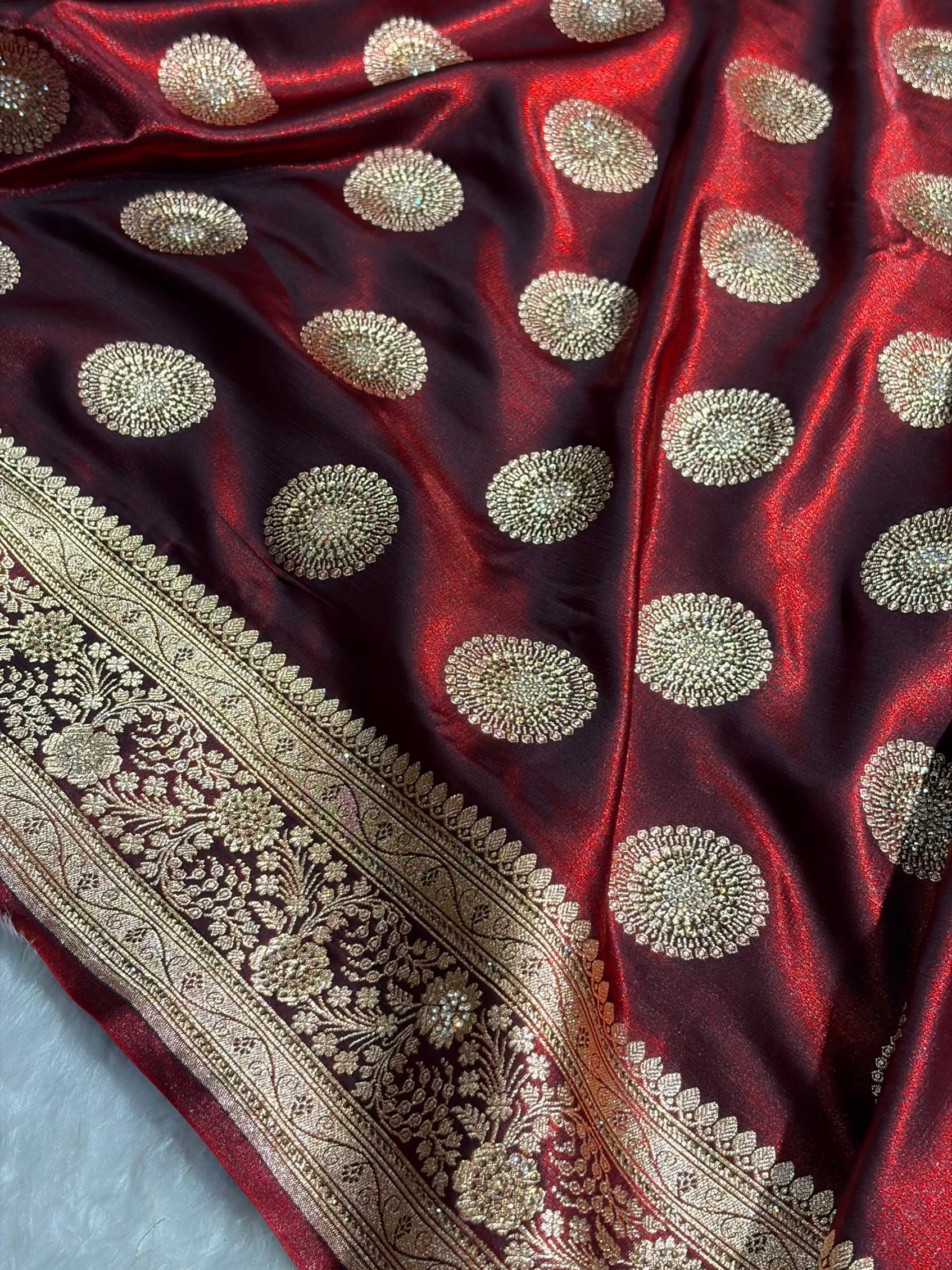 Maroon Shades Banarasi With Swarovski Stone Work Satin Silk Saree BSS33