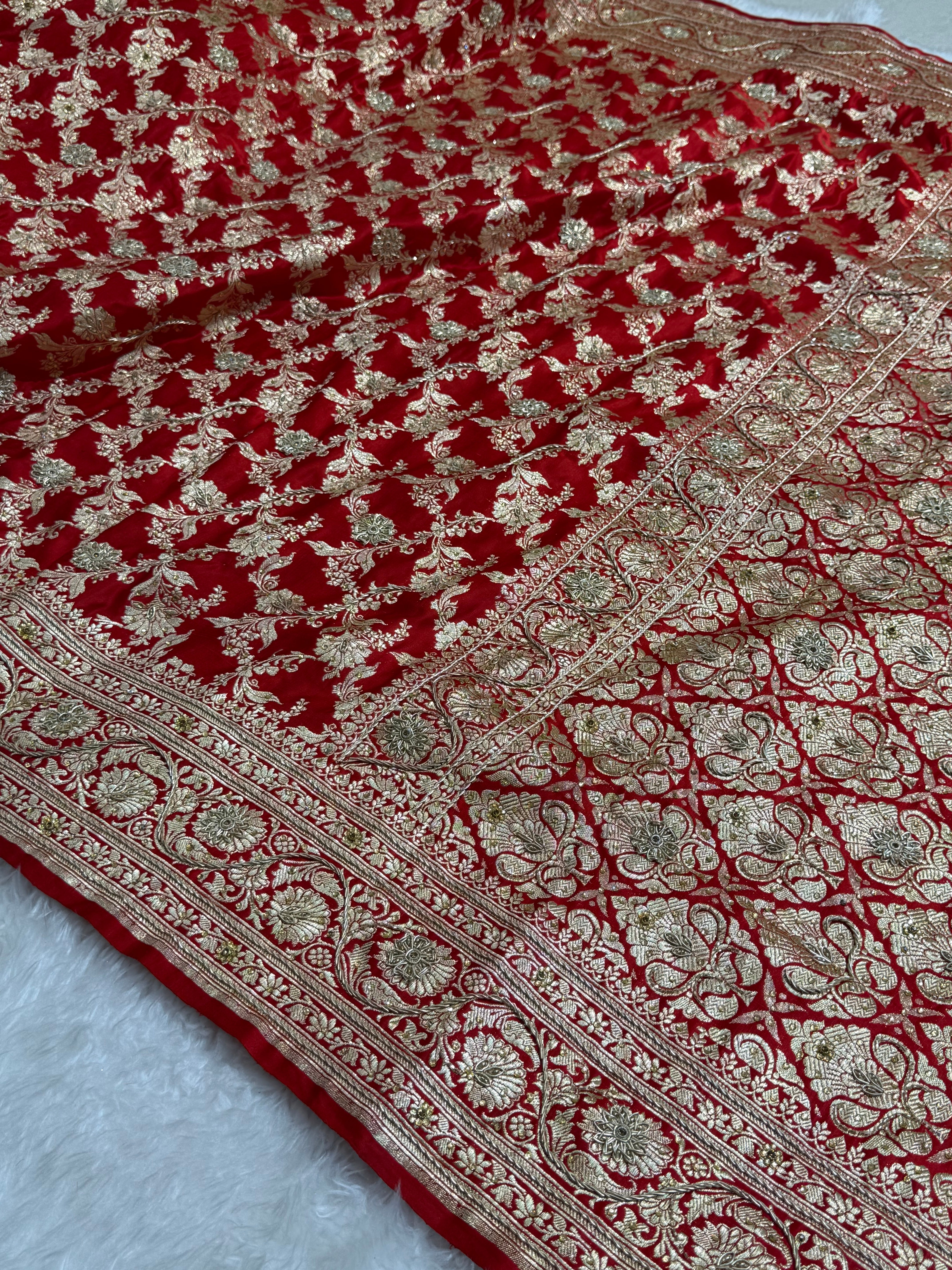 Bridal Red Pure Katan Silk Banarasi Saree with Zardozy, Ari and Stone work |SKU-PBSK01