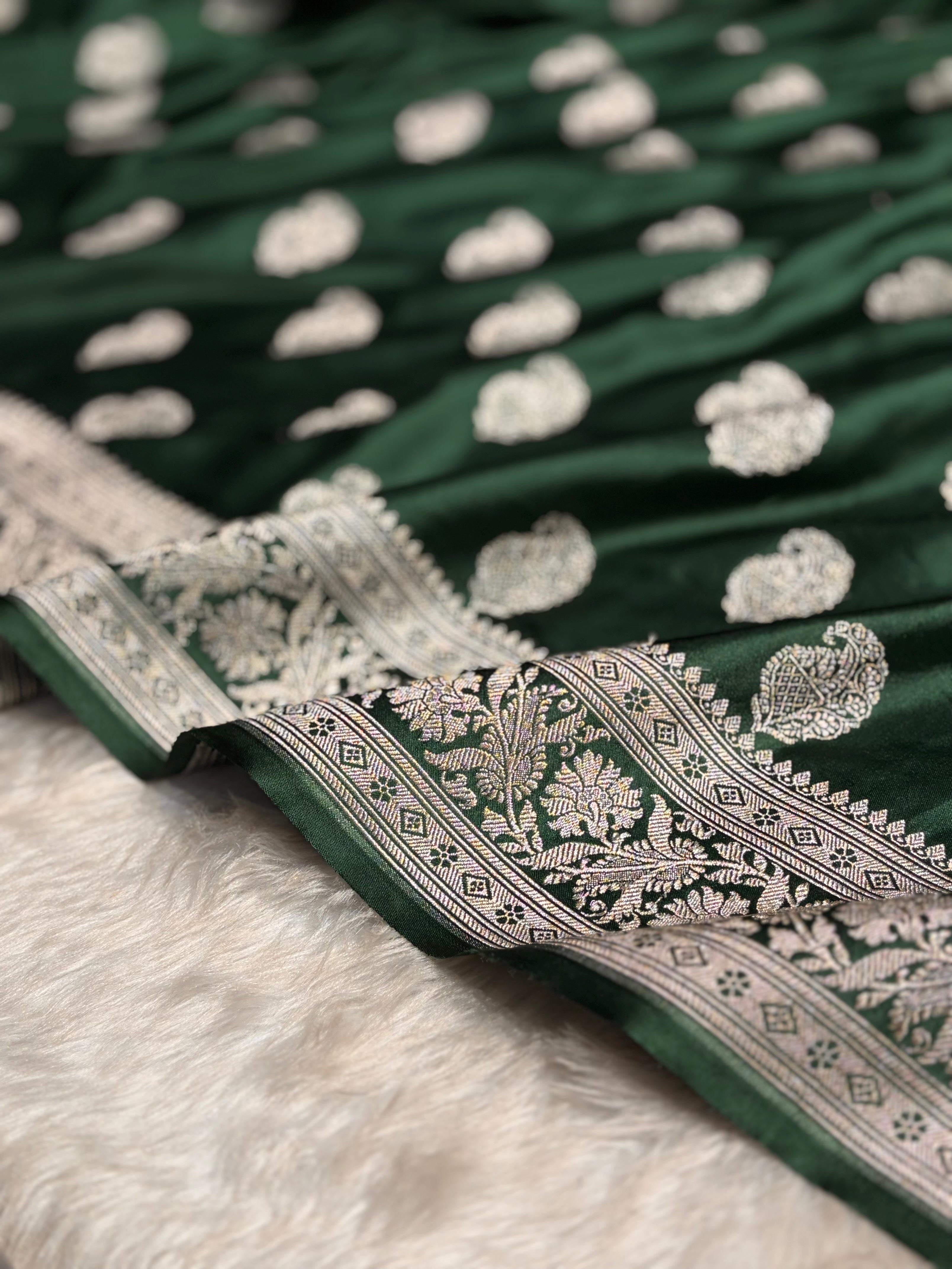 Dark Bottle Green Shades Minakari Motif Mashru Silk Saree MS09