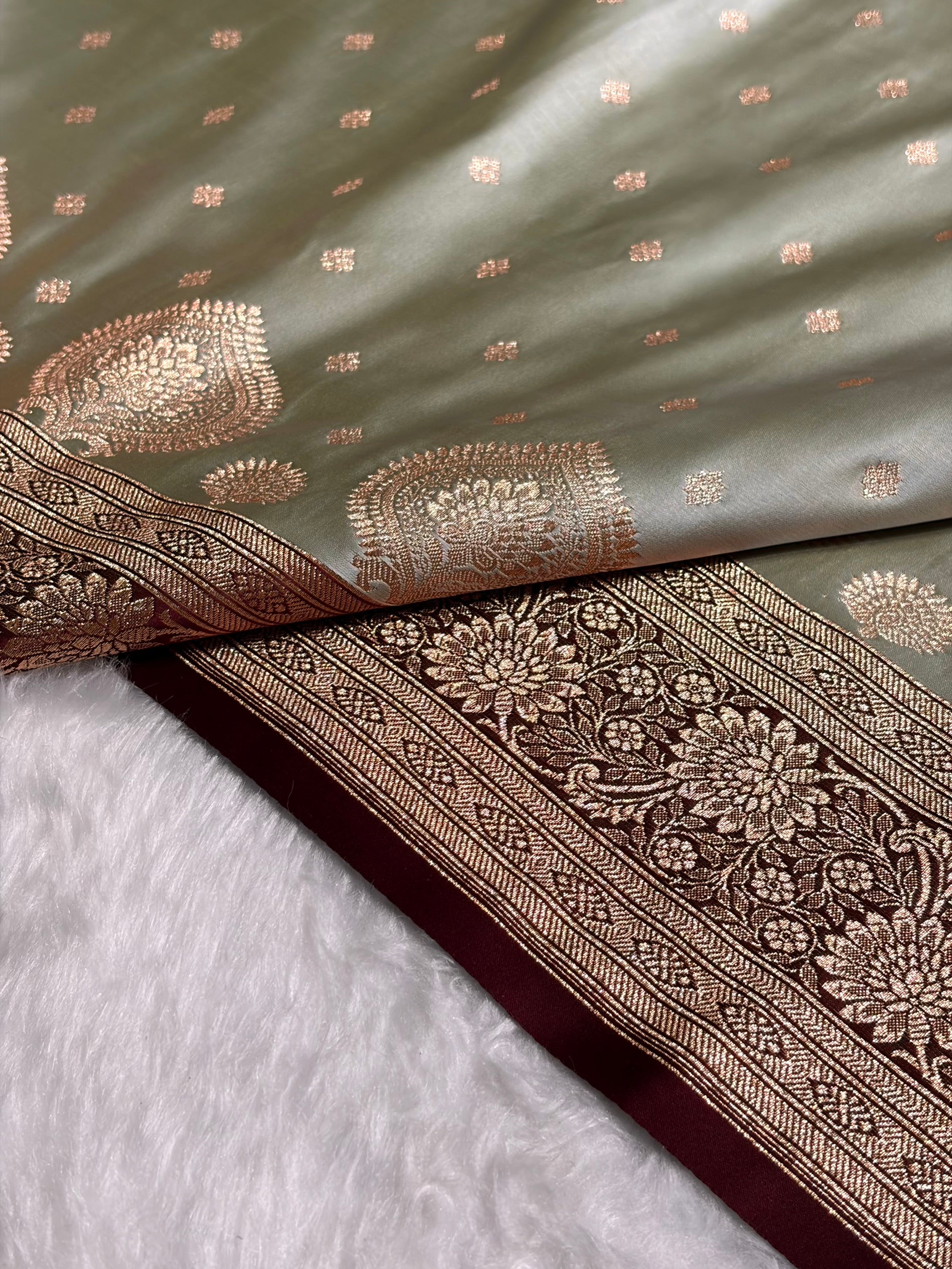Pista with Chocolate Booti Satin Katan Silk saree SK29